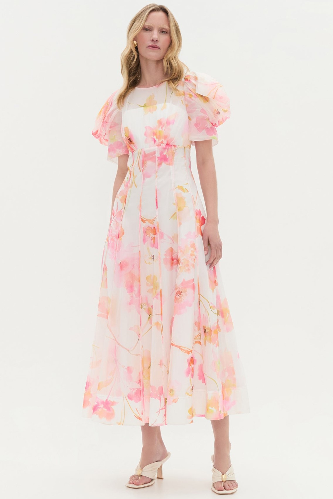 Floral Puff Sleeve Ruched Midi Dress