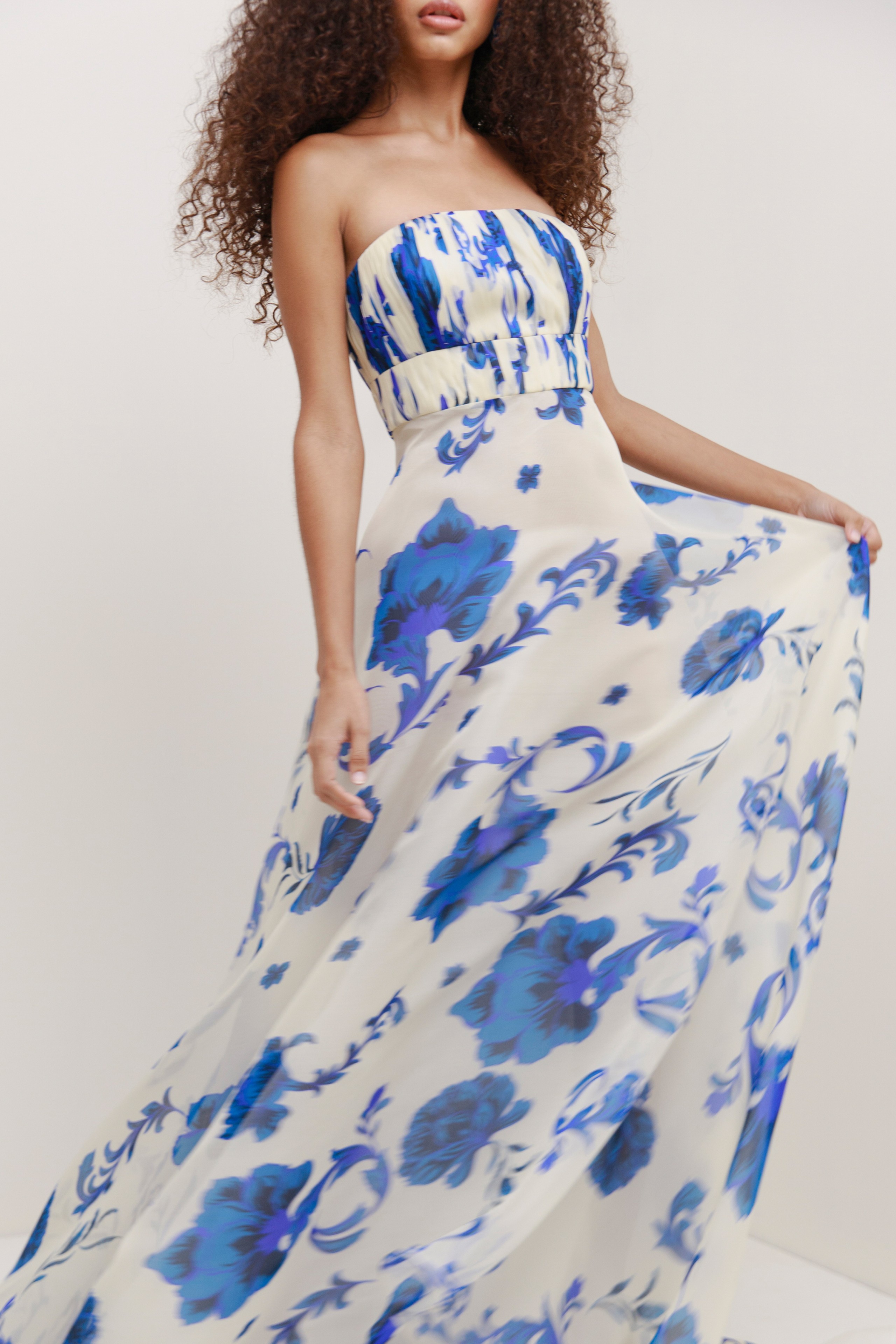 Floral Pleated Strapless Maxi Dress