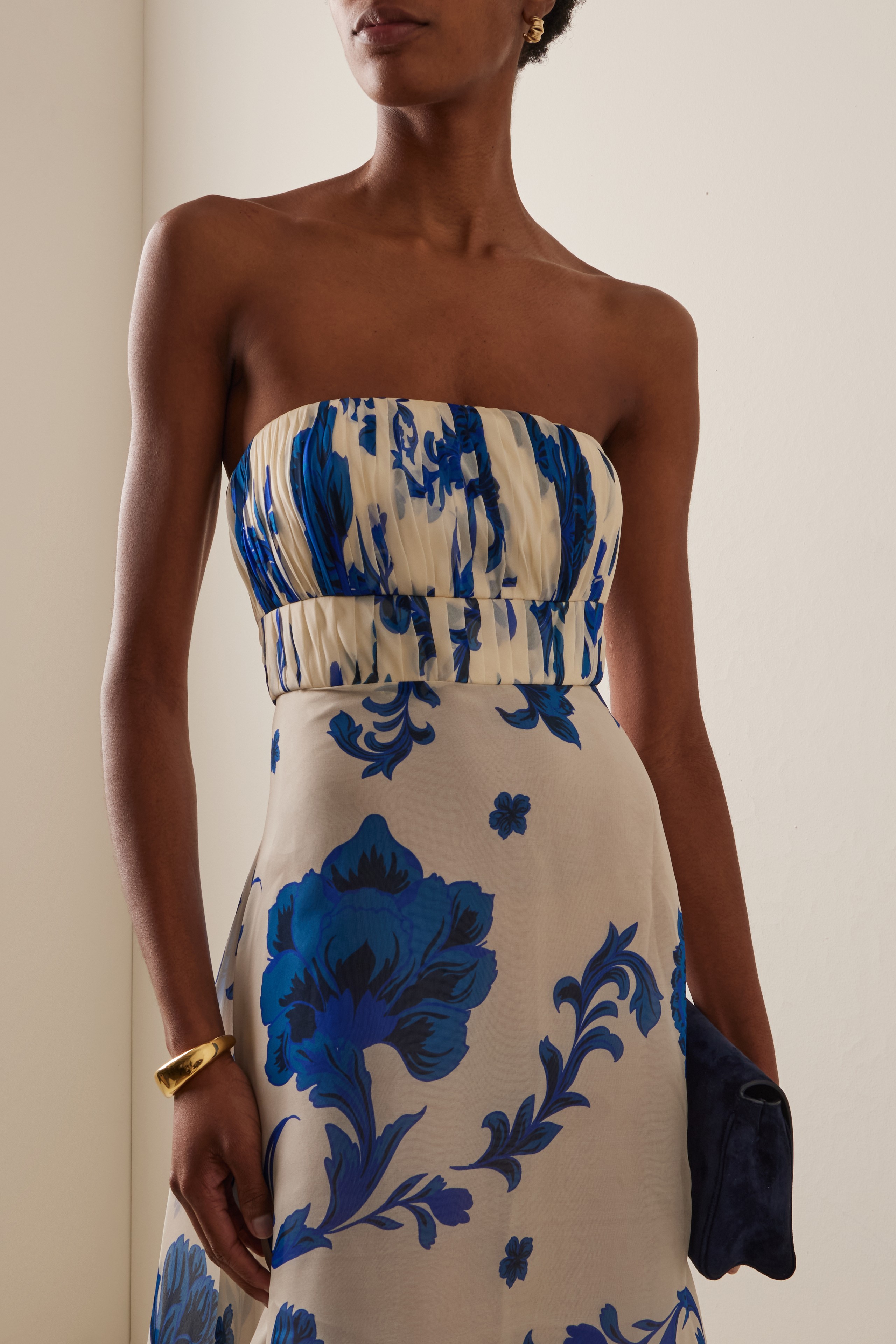 Floral Pleated Strapless Maxi Dress