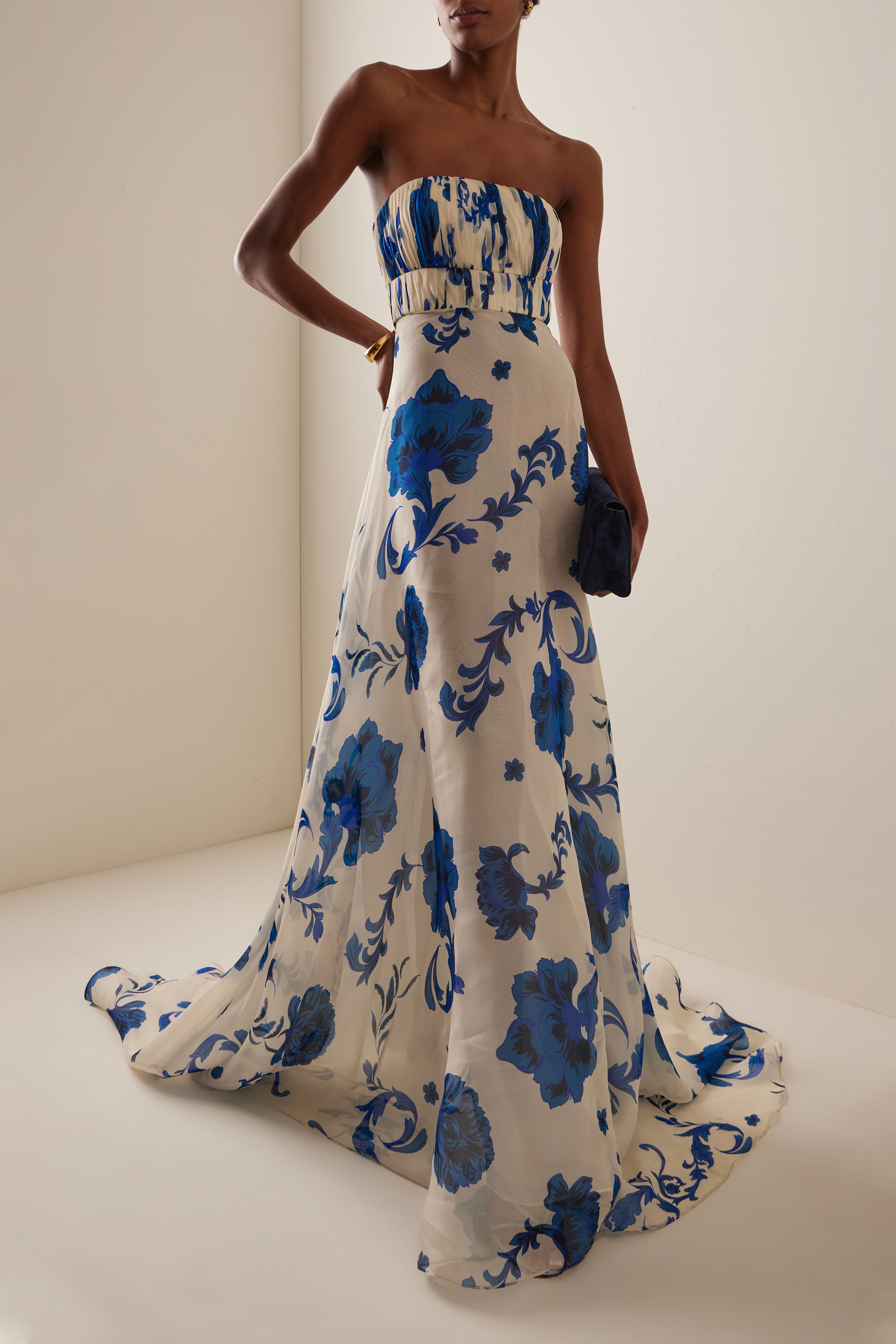 Floral Pleated Strapless Maxi Dress
