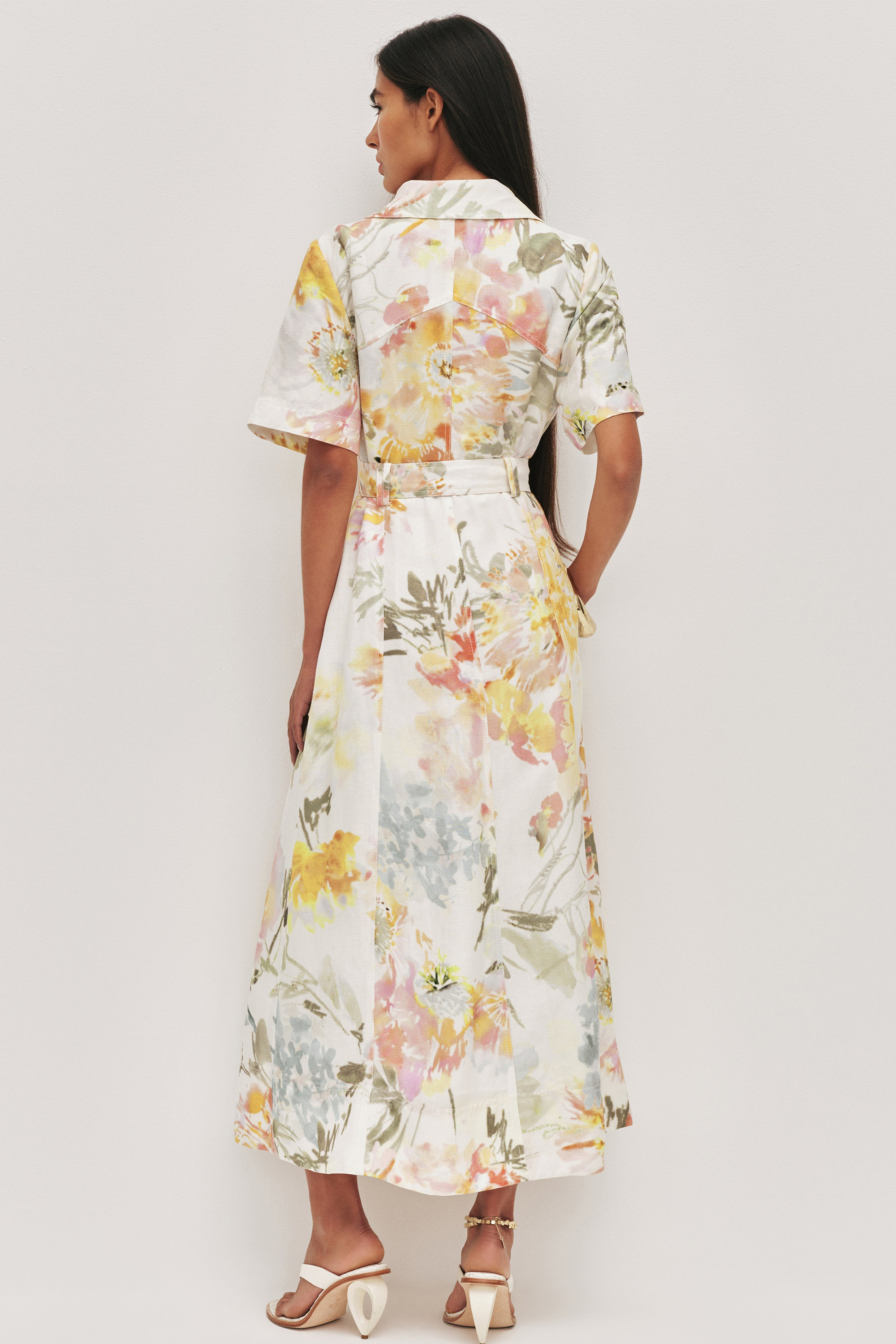 Floral Metal Button Midi Dress With Belt