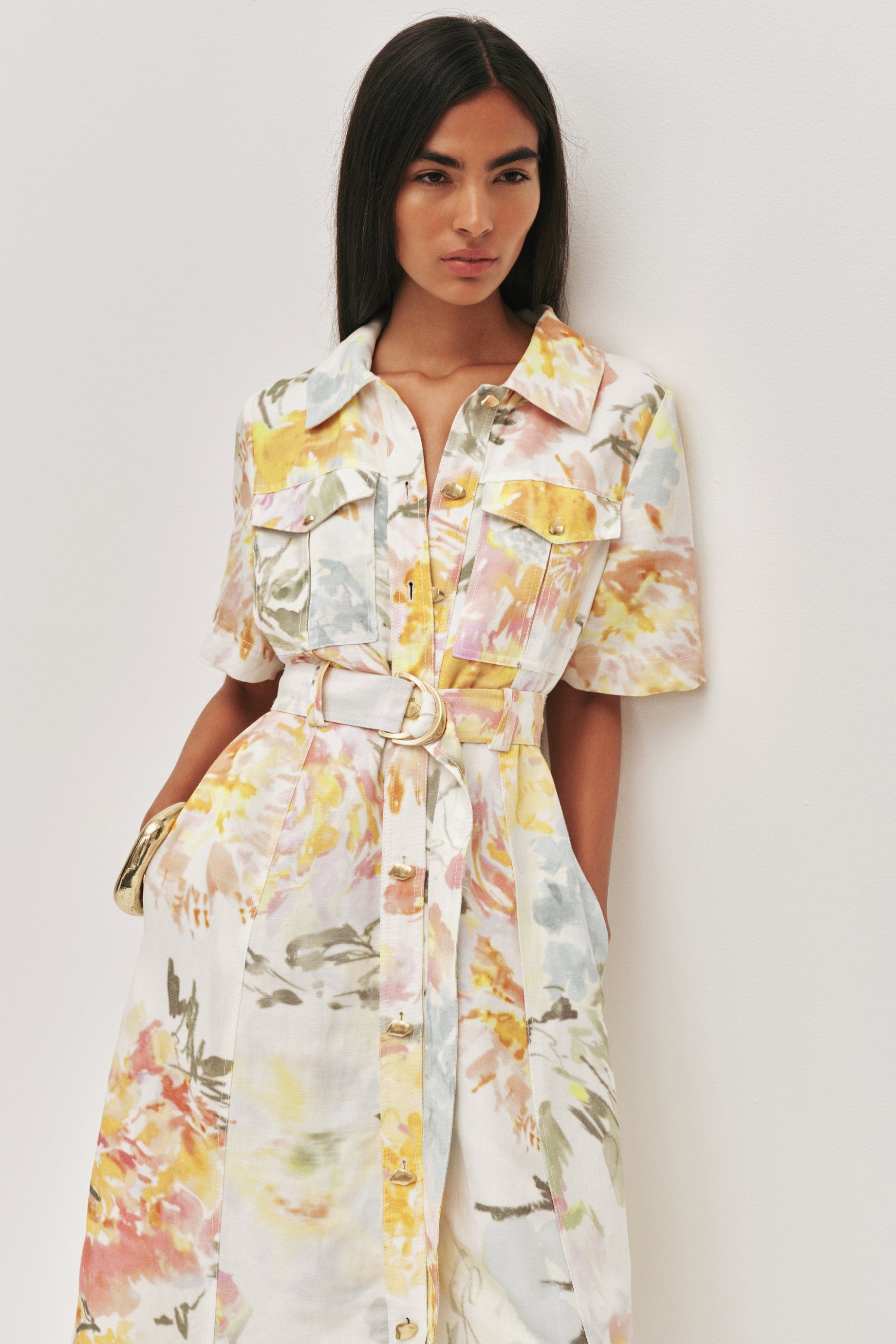 Floral Metal Button Midi Dress With Belt