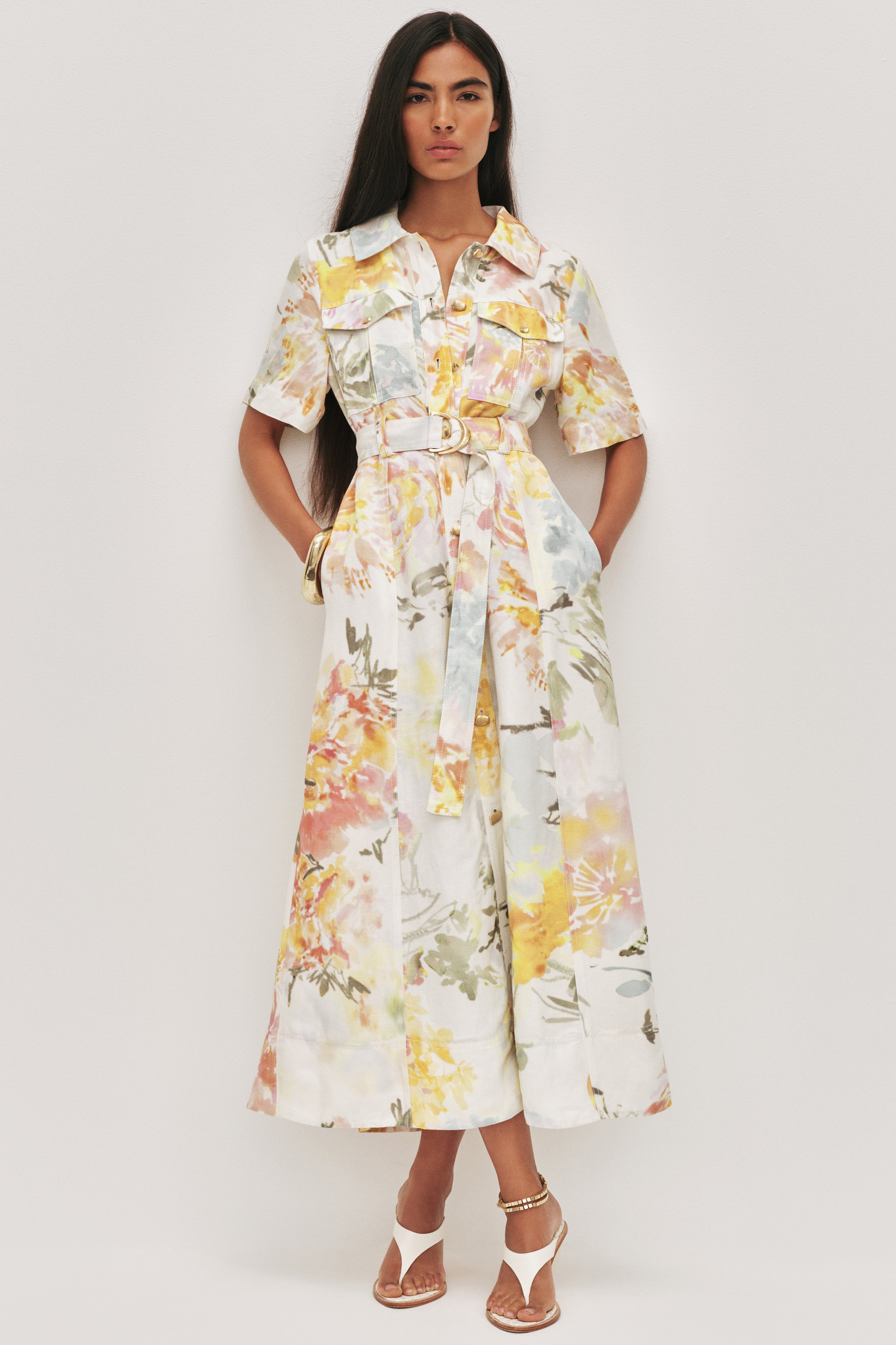 Floral Metal Button Midi Dress With Belt