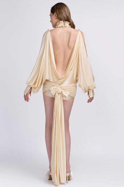 Batwing Sleeve Gathering Backless Mini Dress