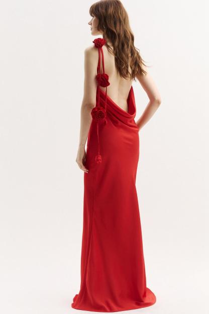 3D Flower Satin Backless Maxi Dress