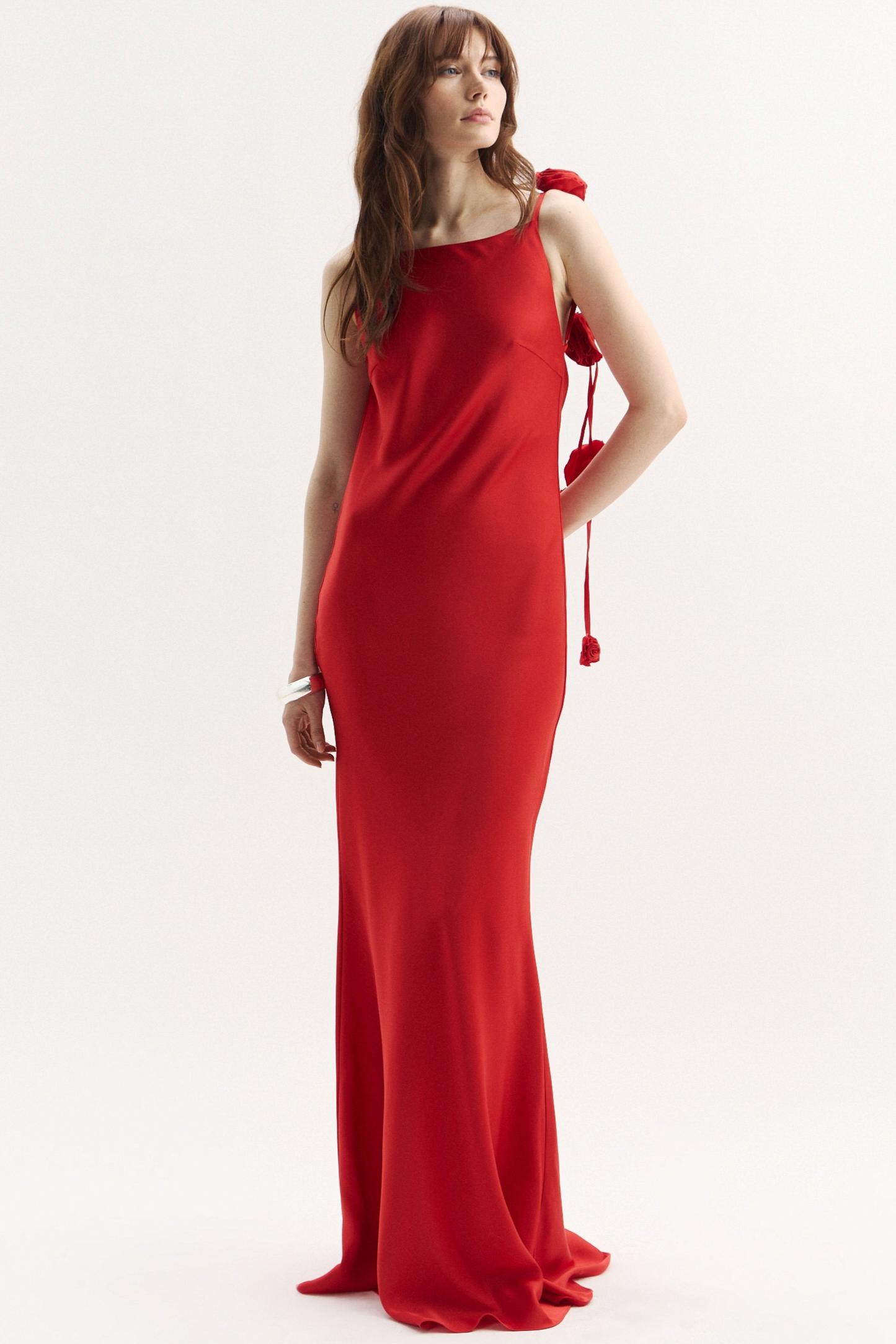 3D Flower Satin Backless Maxi Dress