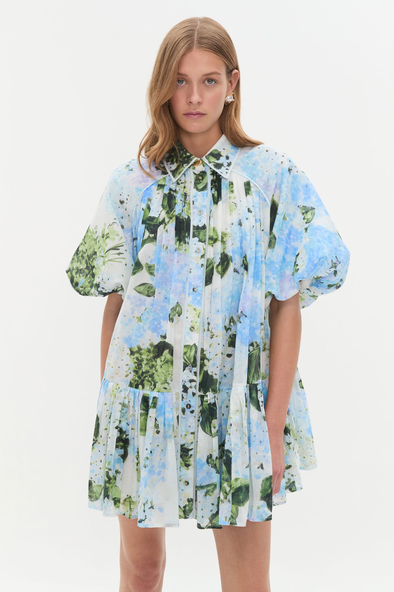 Floral Raglan Sleeve Pleated Mini Dress
