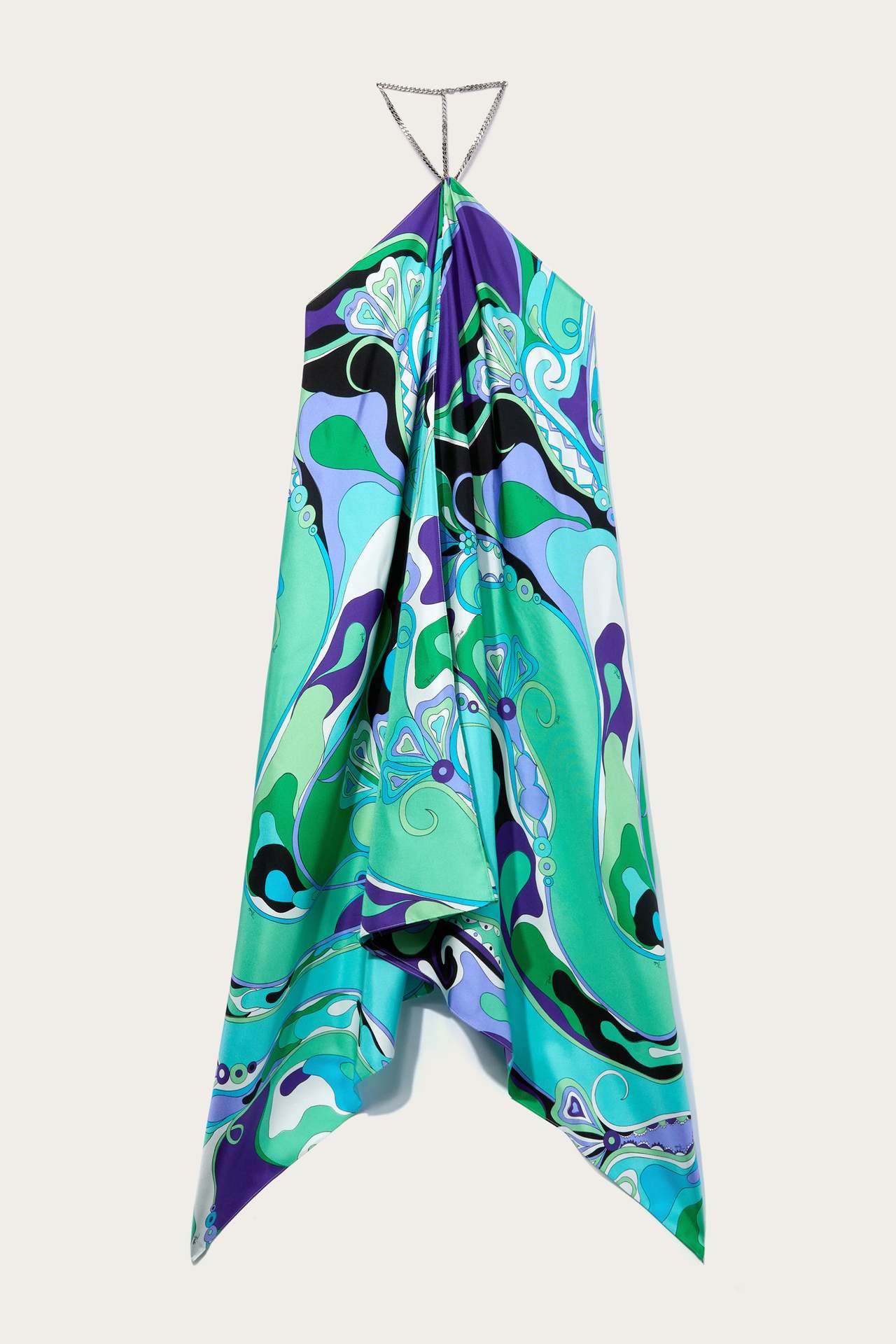 Abstract Print Metal Chain Backless Midi Dress