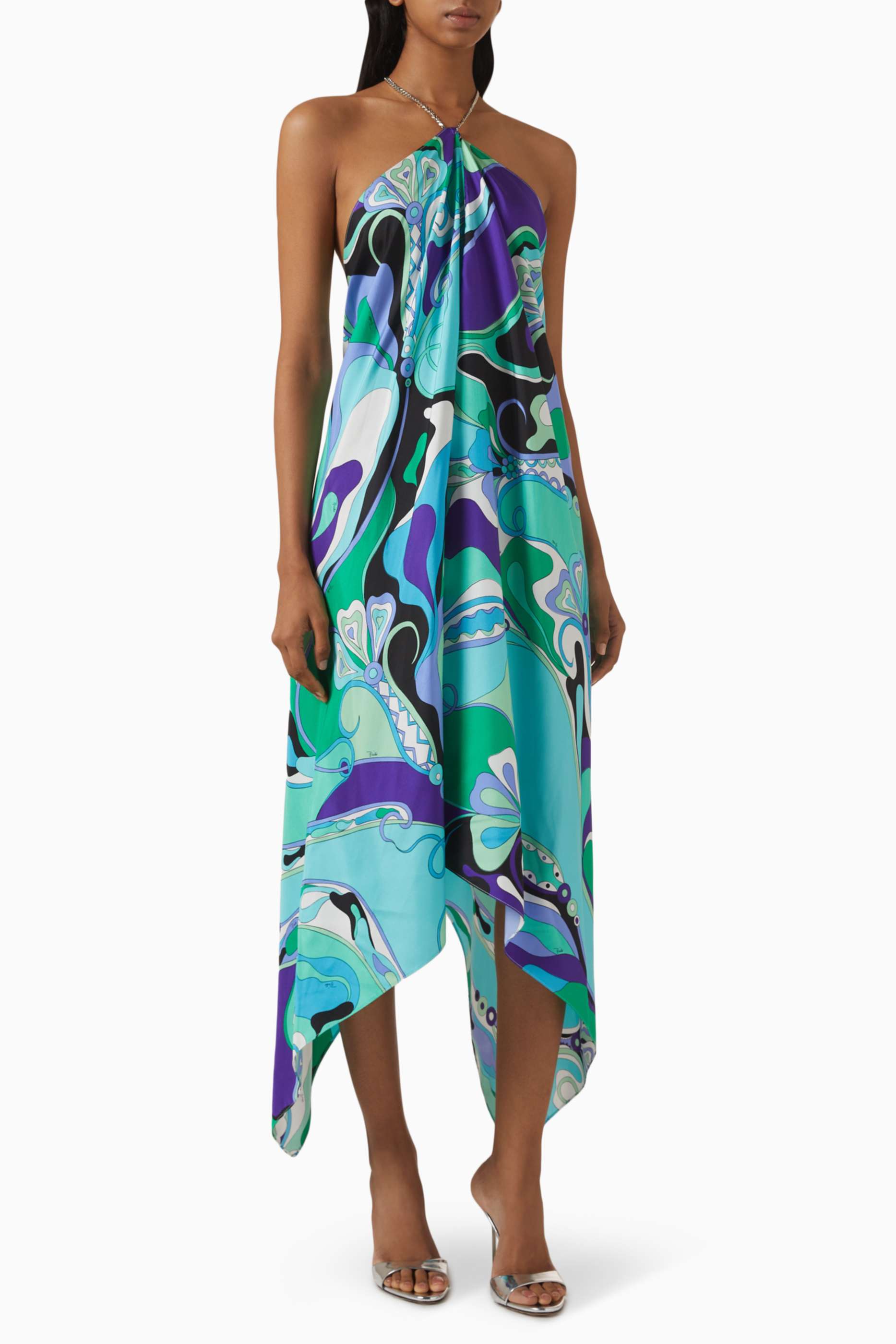 Abstract Print Metal Chain Backless Midi Dress