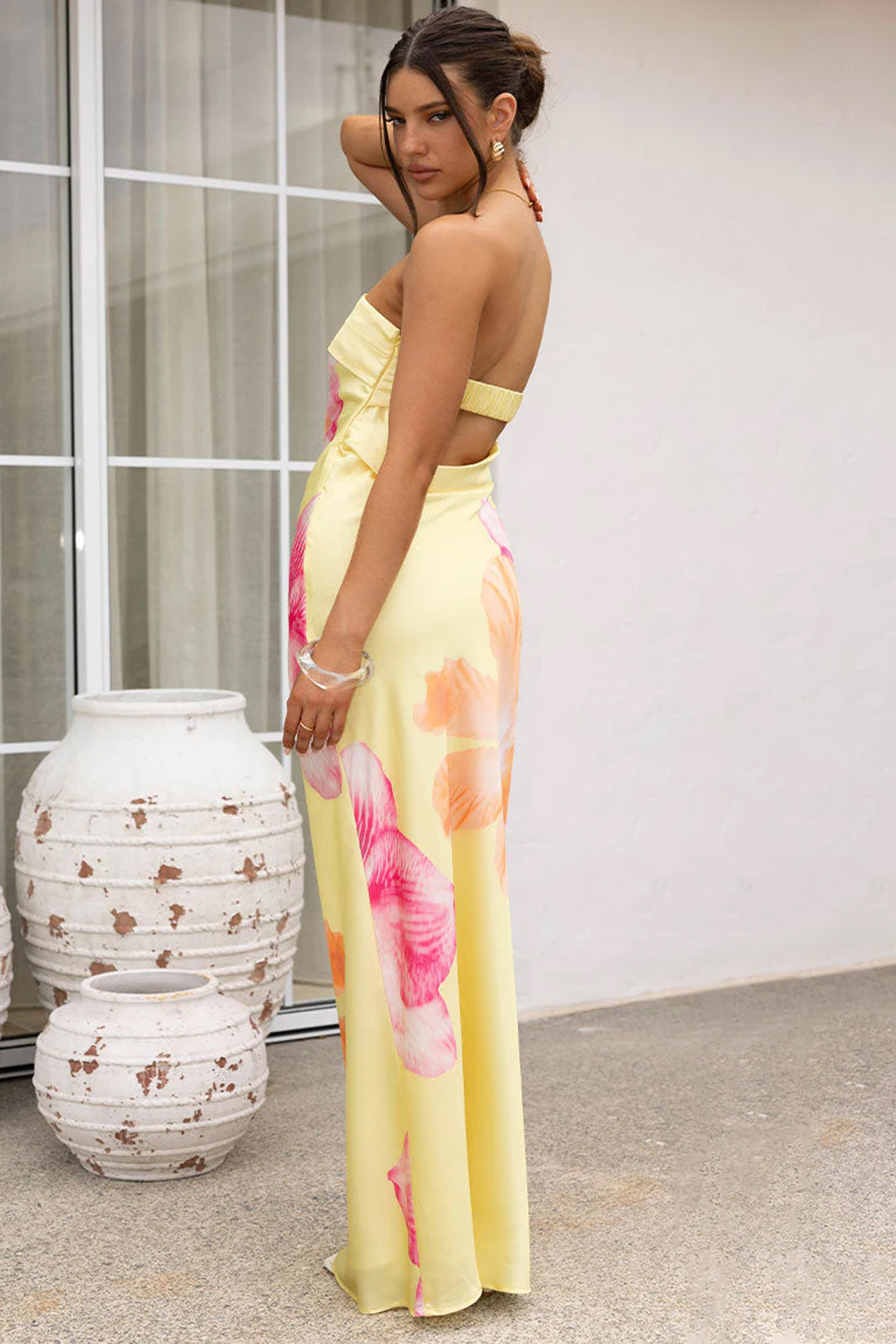 Satin Floral Off-Shoulder Maxi Dress