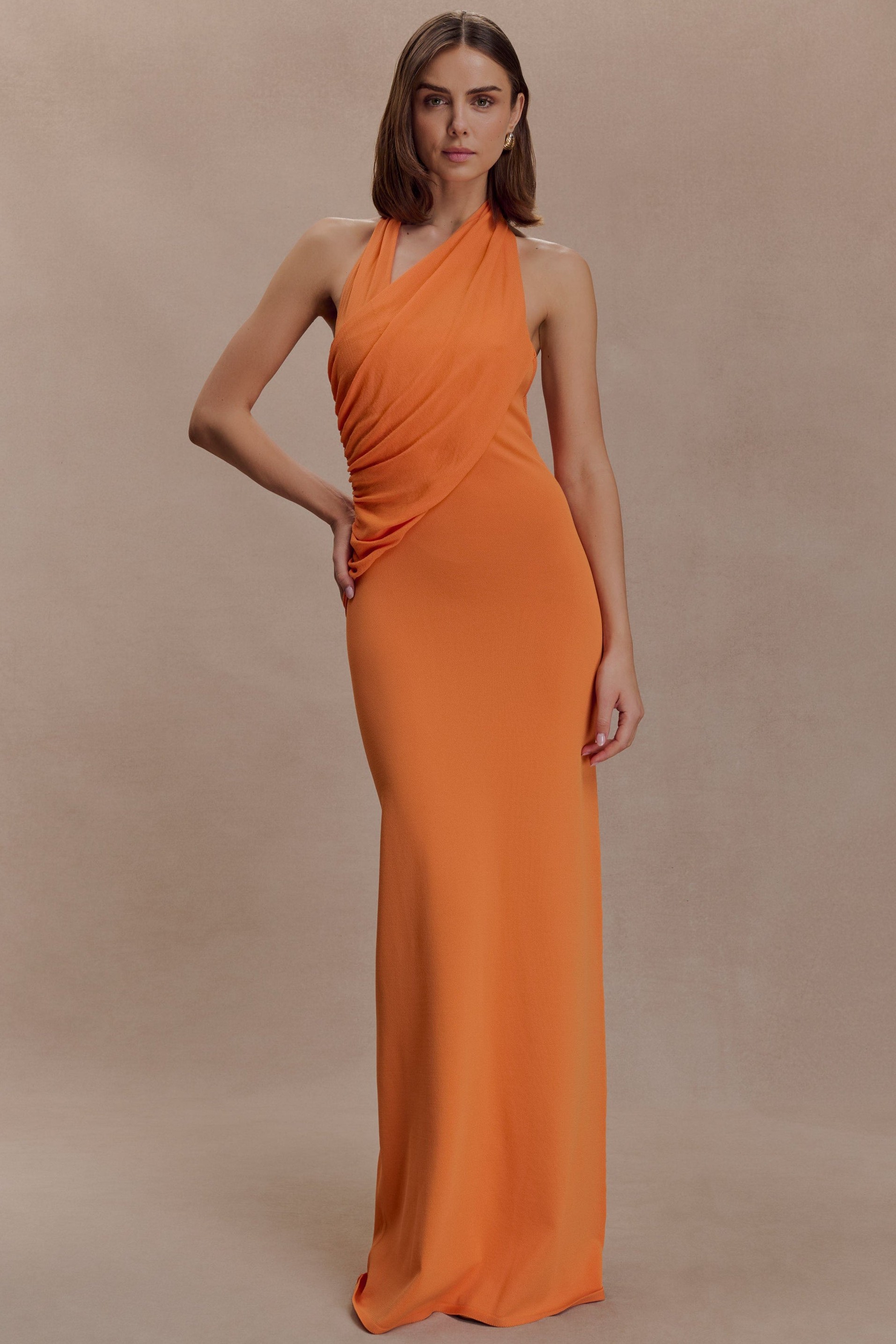 Solid Asymmetrical Neck Gathering Maxi Dress