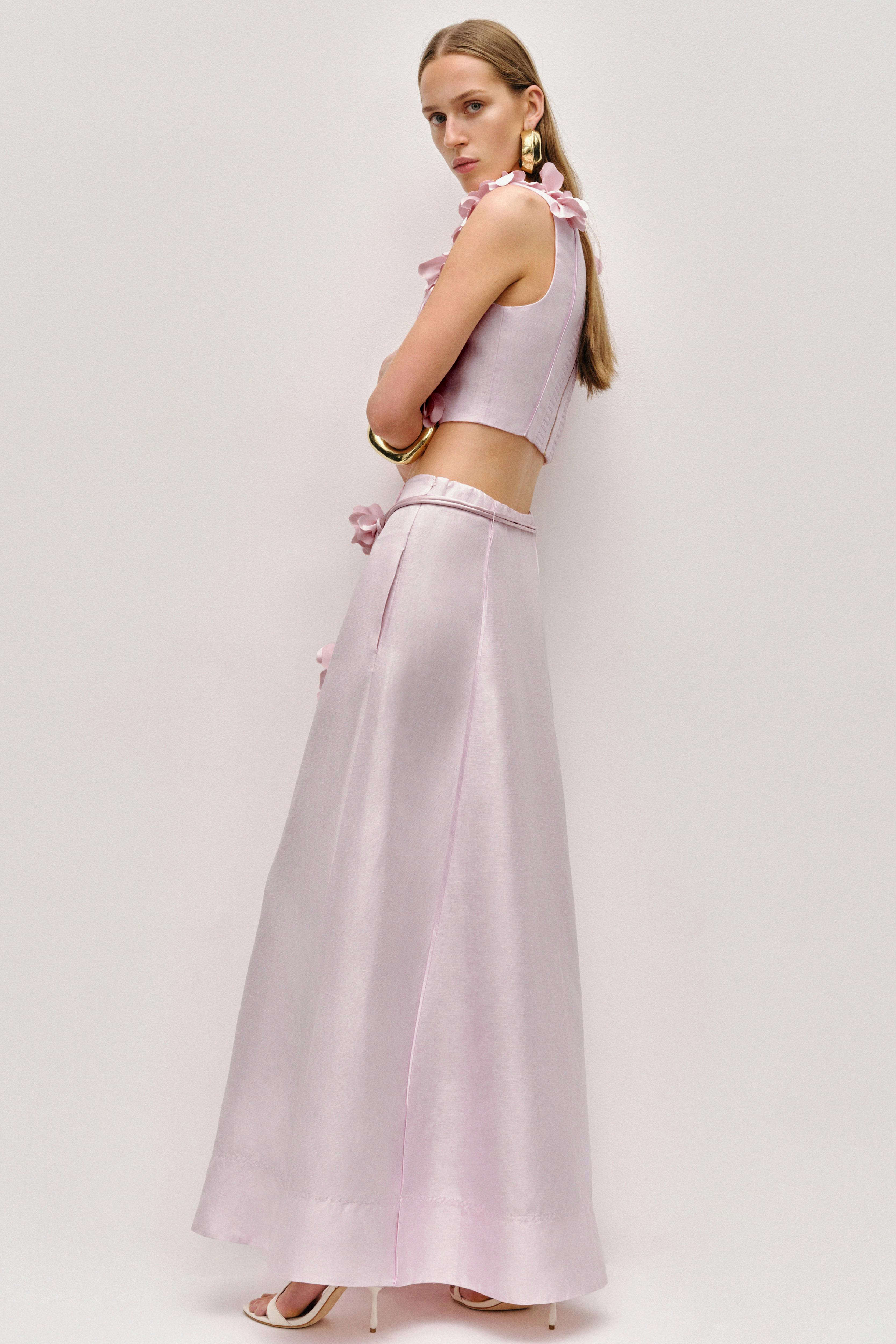 Satin 3D Flower Sleeveless Top & Mid Waist Skirt Set