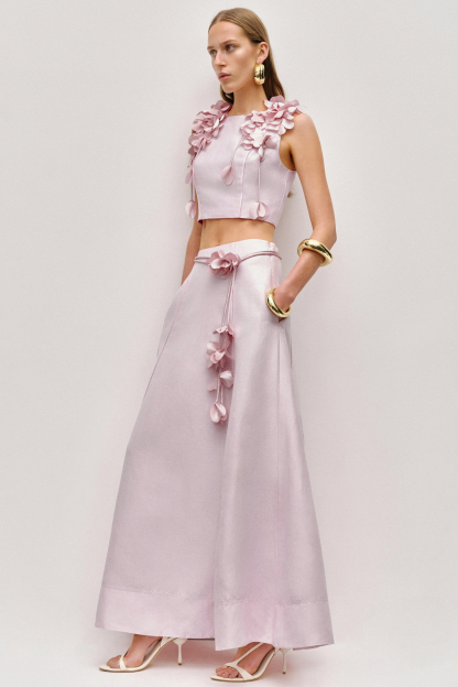 Satin 3D Flower Sleeveless Top & Mid Waist Skirt Set