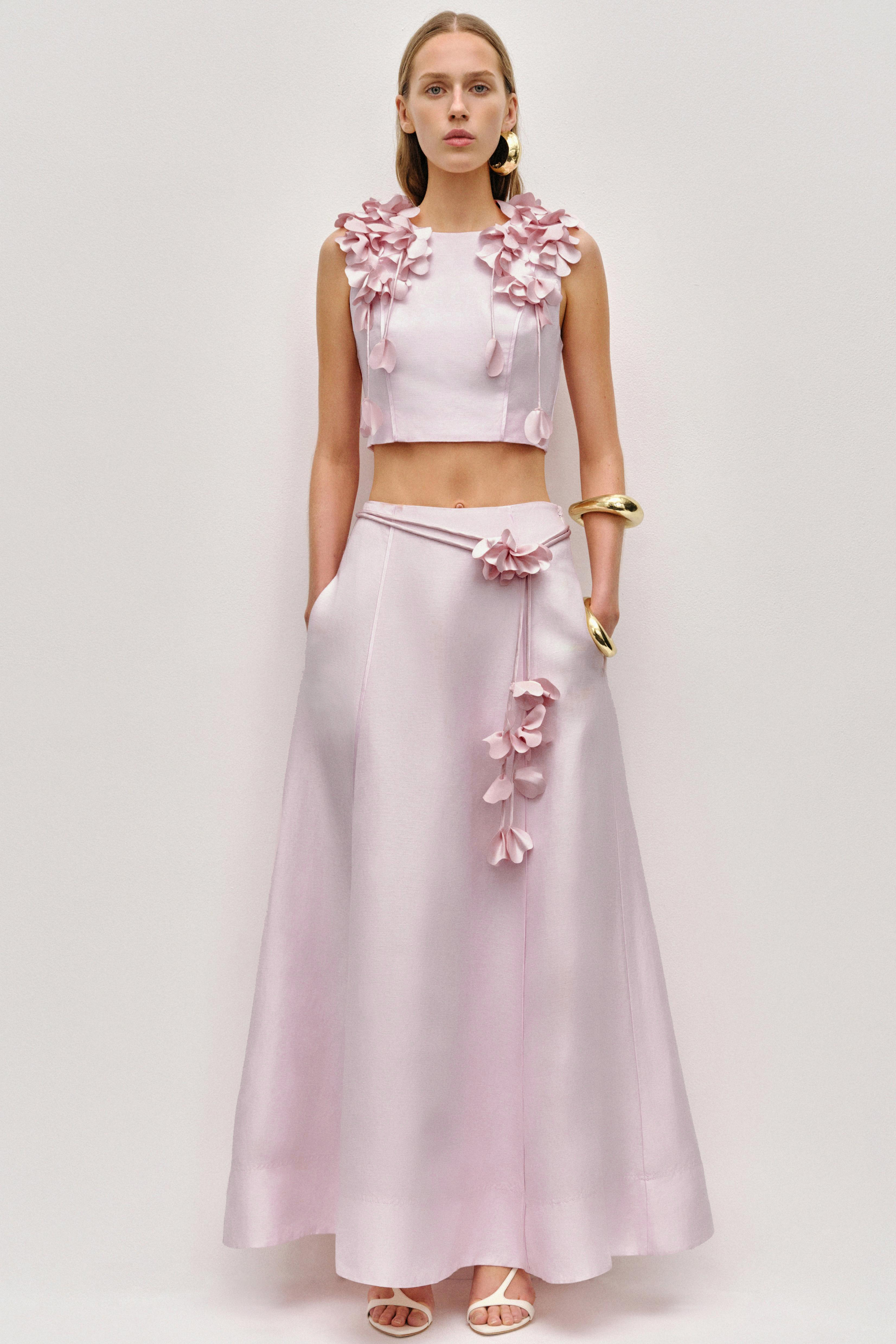 Satin 3D Flower Sleeveless Top & Mid Waist Skirt Set