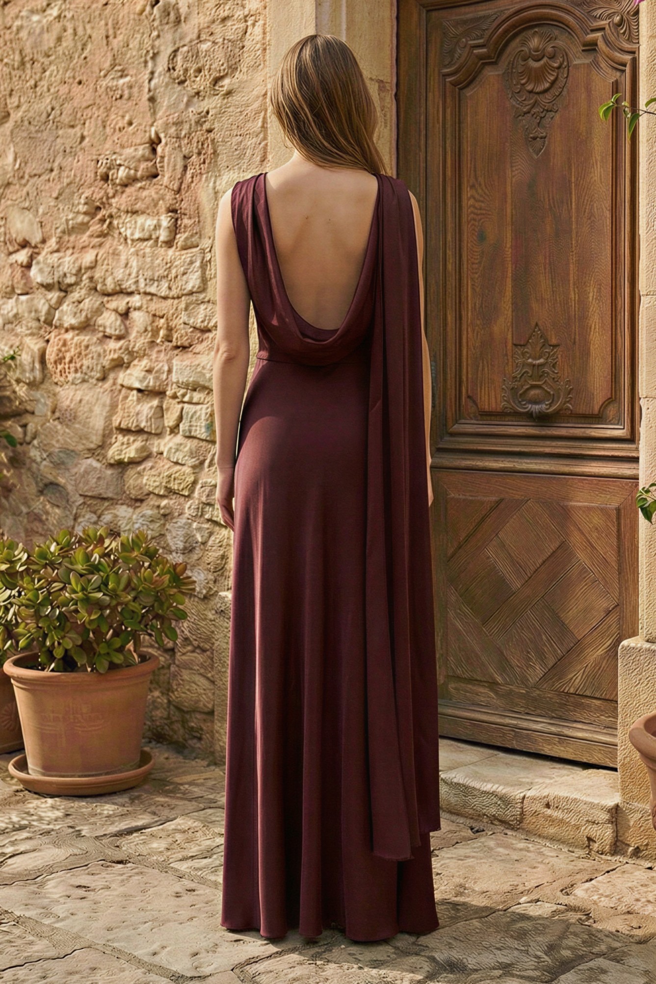 Satin Cape Sleeve Backless Maxi Dress