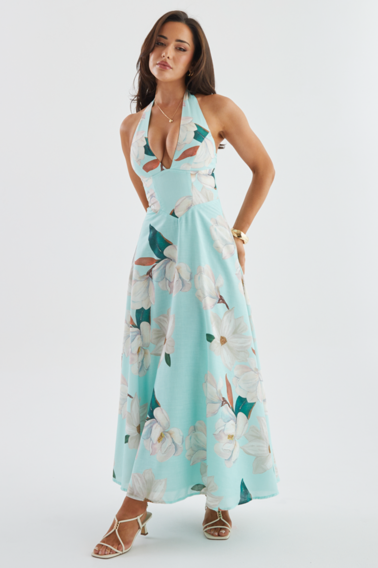 Floral Halter Neck Tie-Up Maxi Dress