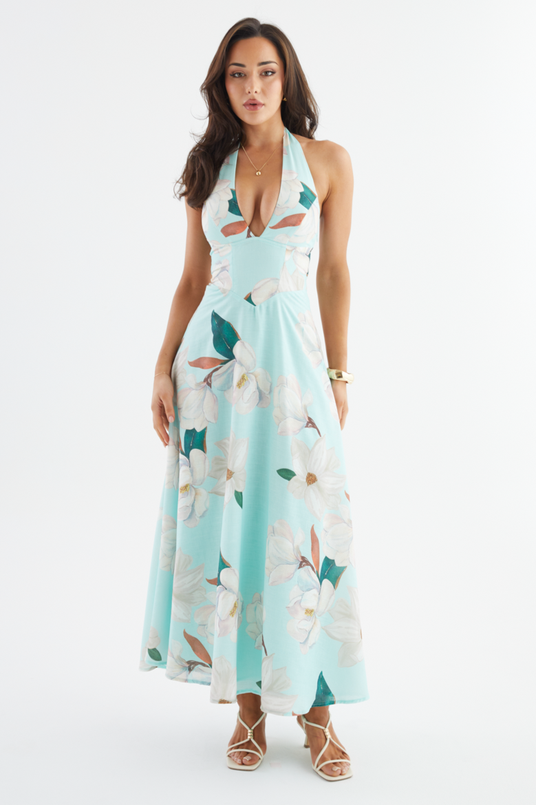 Floral Halter Neck Tie-Up Maxi Dress