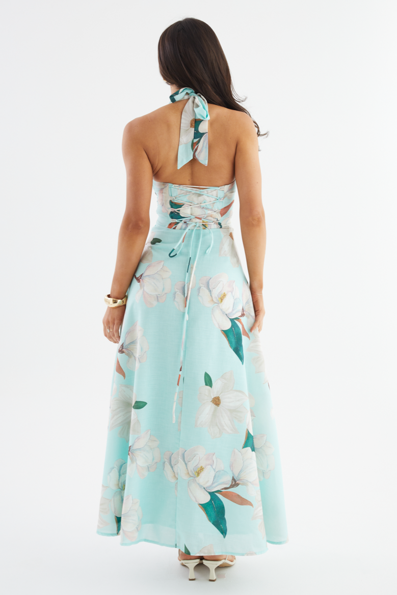 Floral Halter Neck Tie-Up Maxi Dress