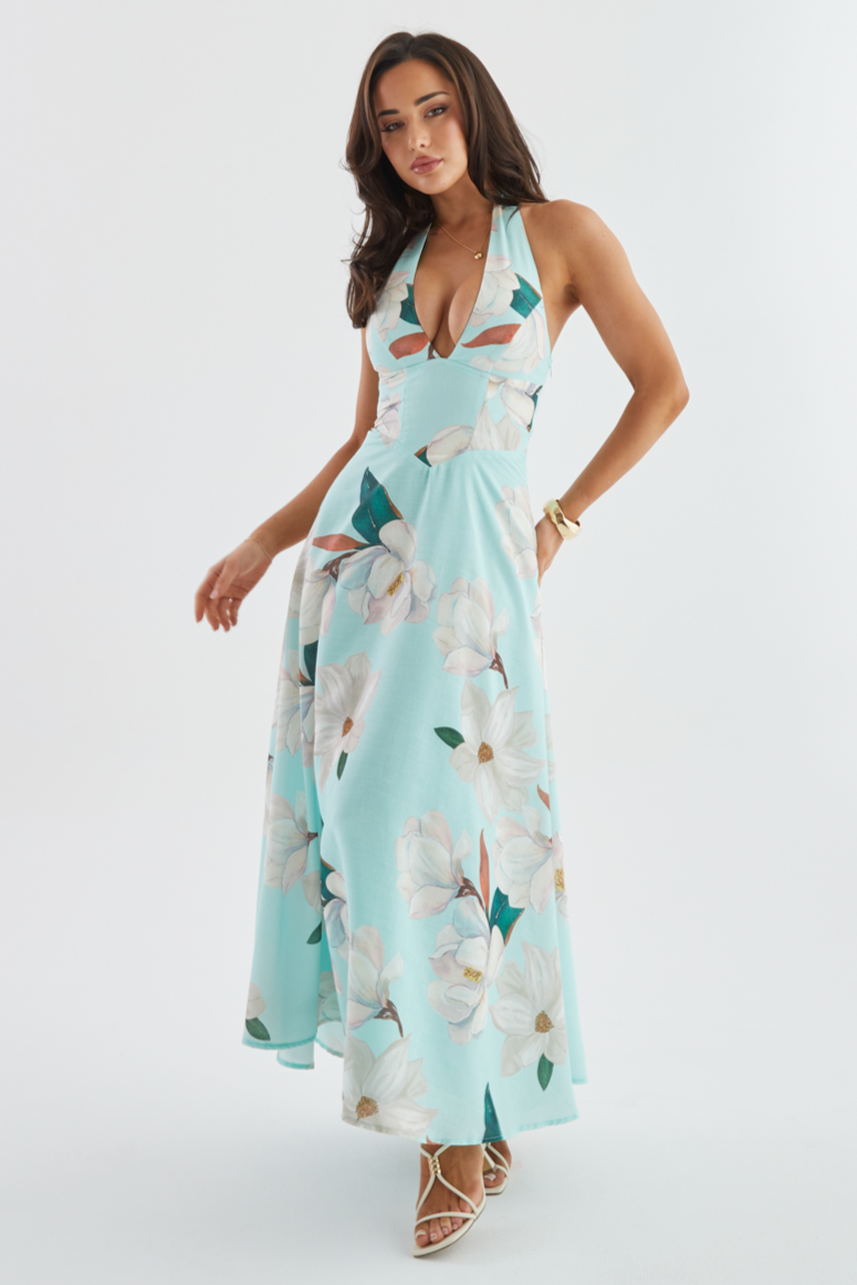 Floral Halter Neck Tie-Up Maxi Dress
