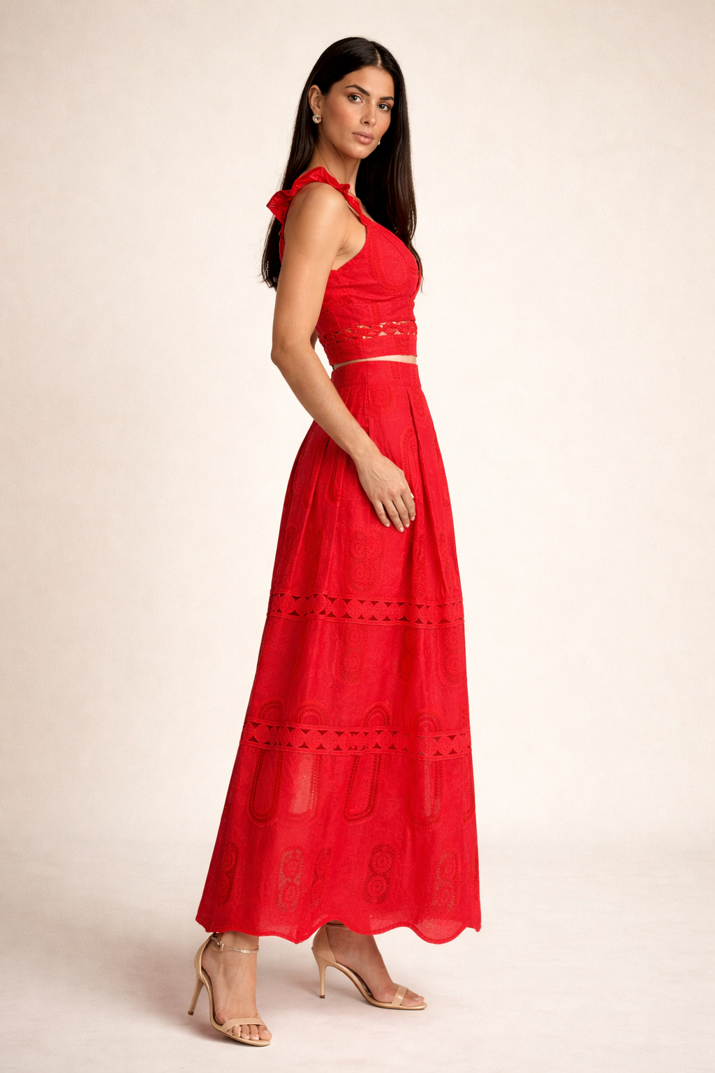Embroidered Ruffle Top & High Waist Midi Skirt Set