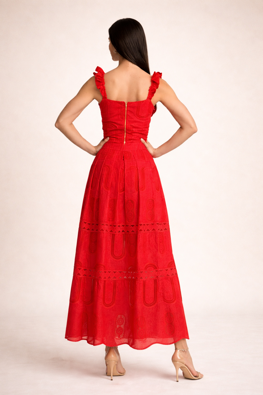 Embroidered Ruffle Top & High Waist Midi Skirt Set