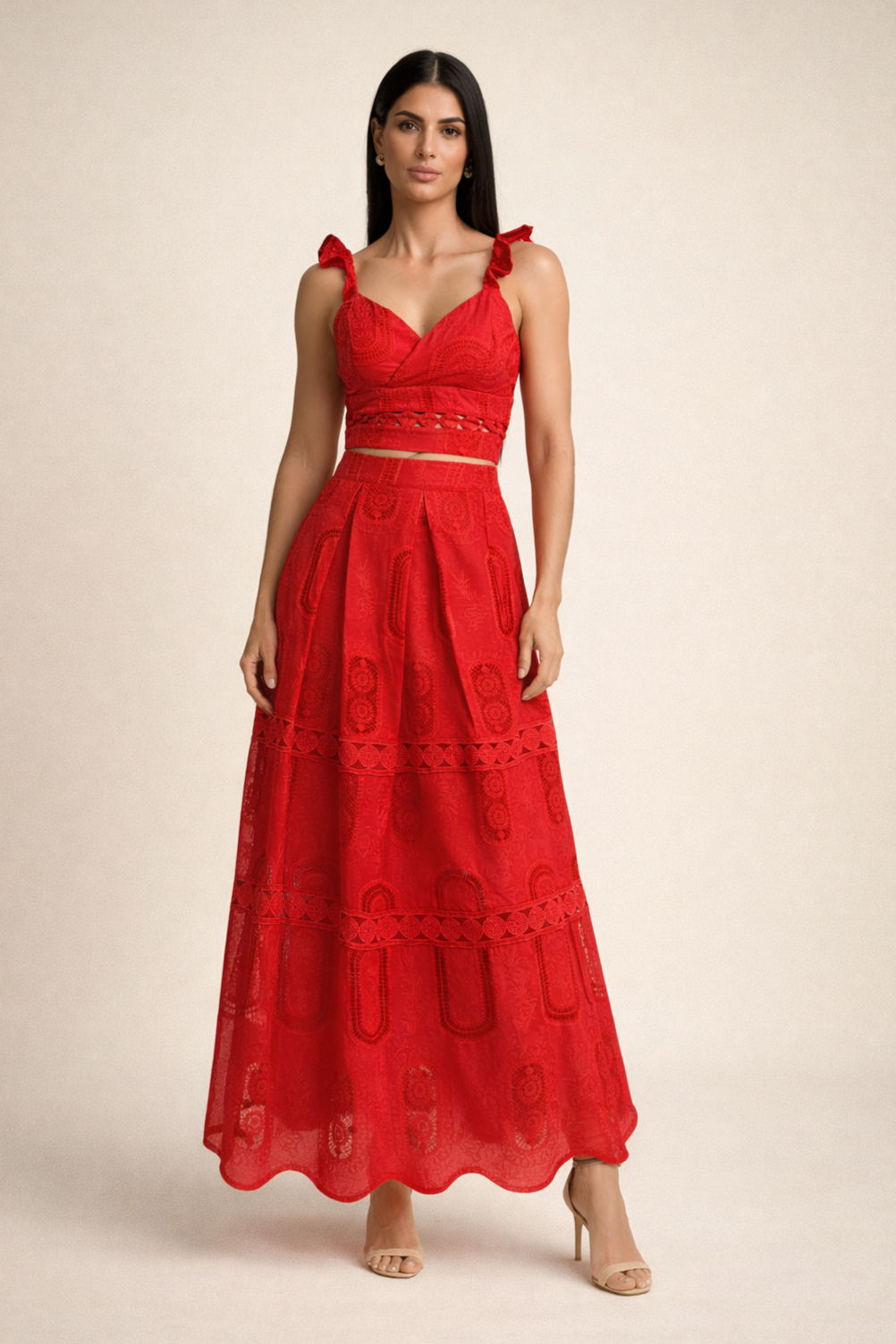 Embroidered Ruffle Top & High Waist Midi Skirt Set