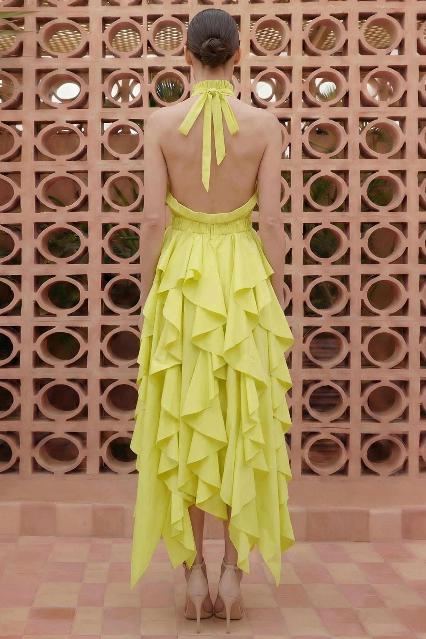 Solid Halter Neck Ruffle Maxi Dress