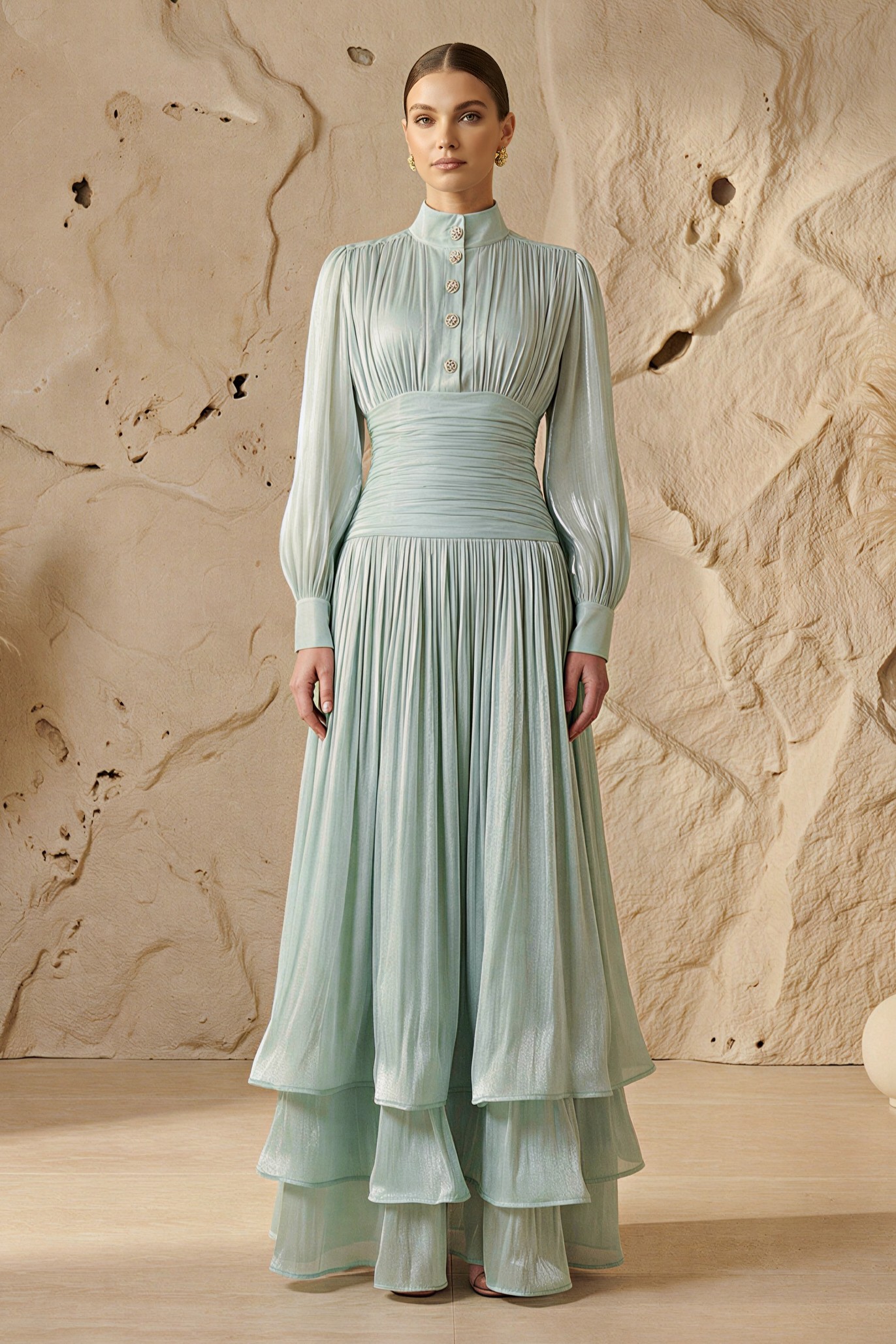 Satin Ruffle Lantern Sleeve Midi Dress