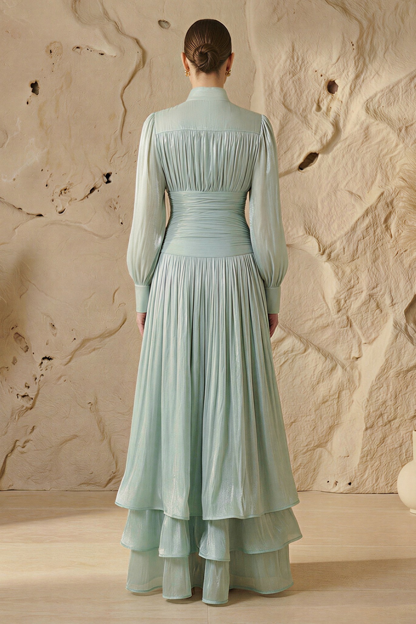 Satin Ruffle Lantern Sleeve Midi Dress