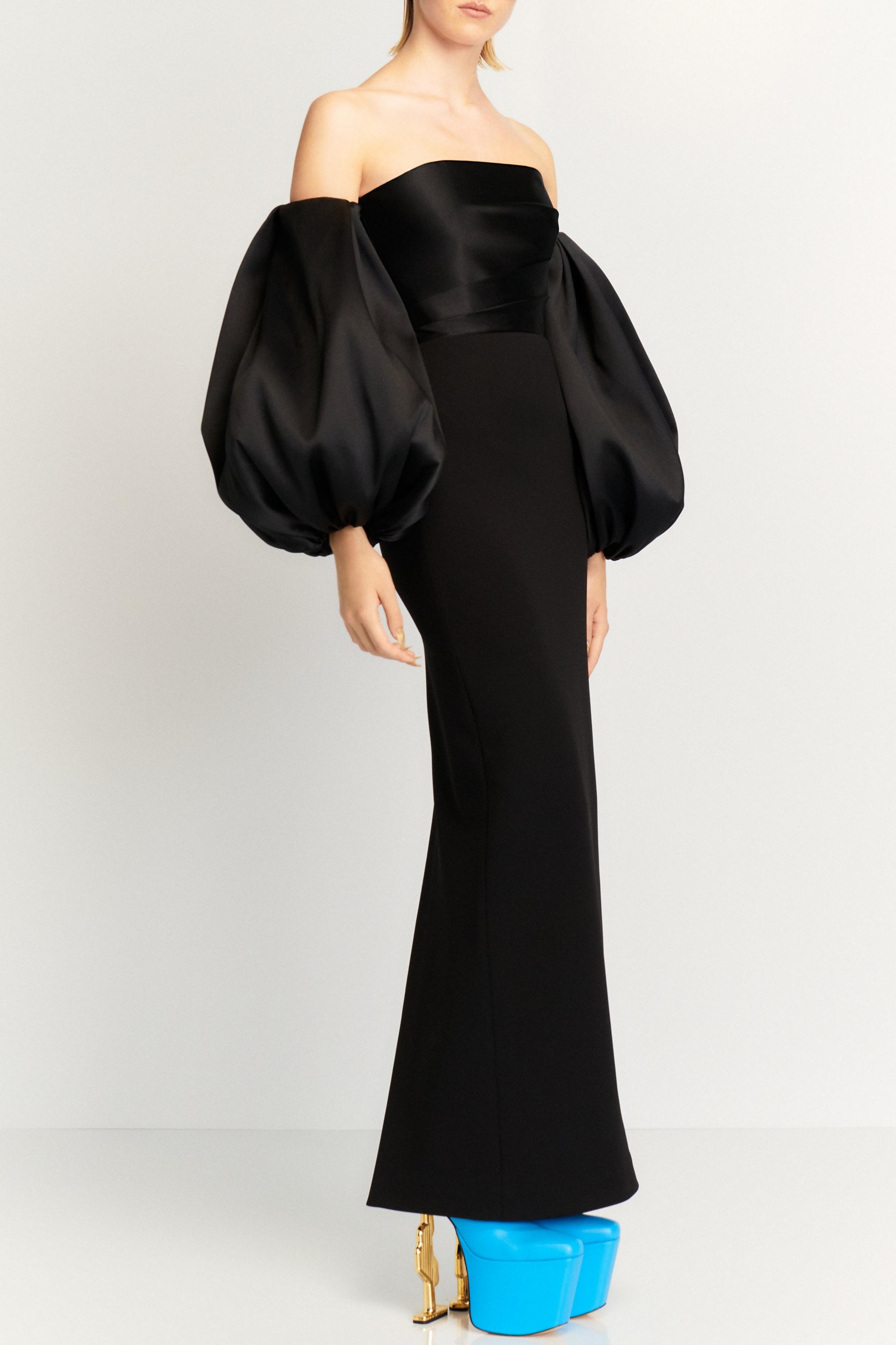 Satin Lantern Sleeve Off-Shoulder Maxi Dress