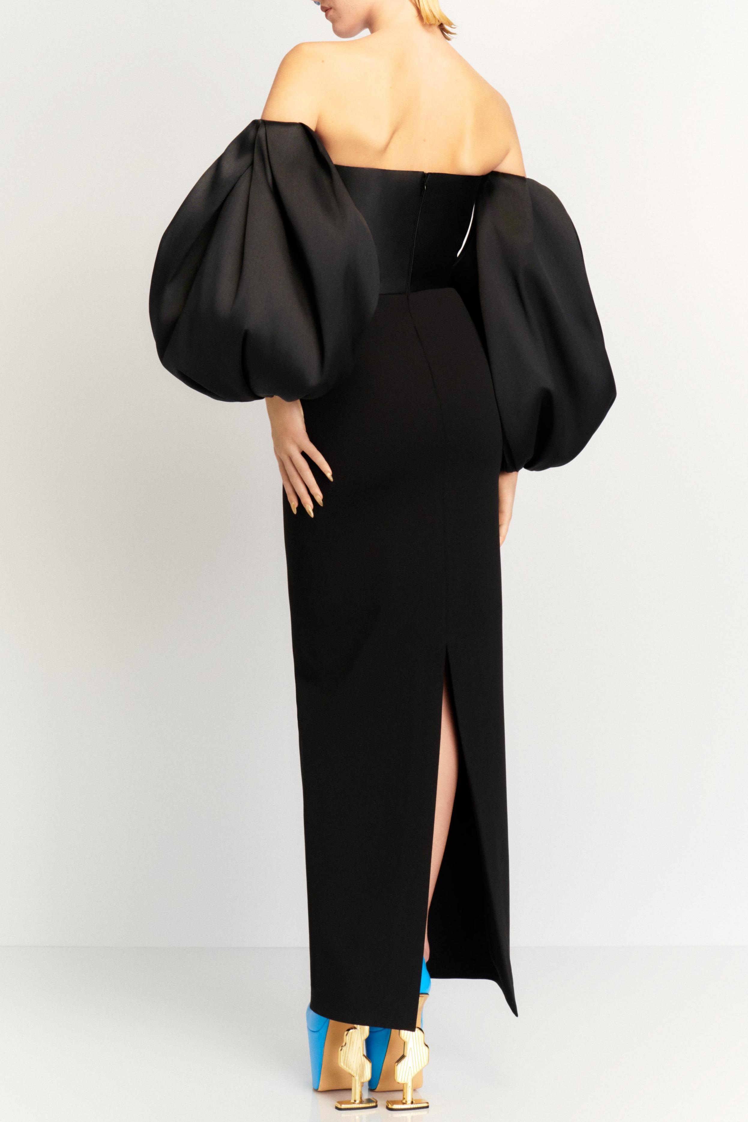 Satin Lantern Sleeve Off-Shoulder Maxi Dress