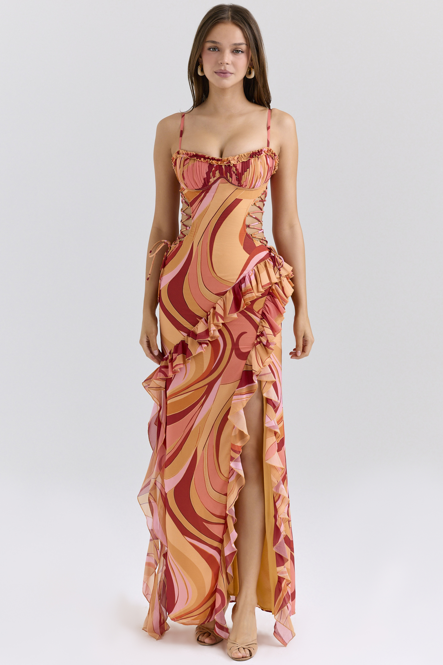 Abstract Print Tie-Up Ruffle Maxi Dress