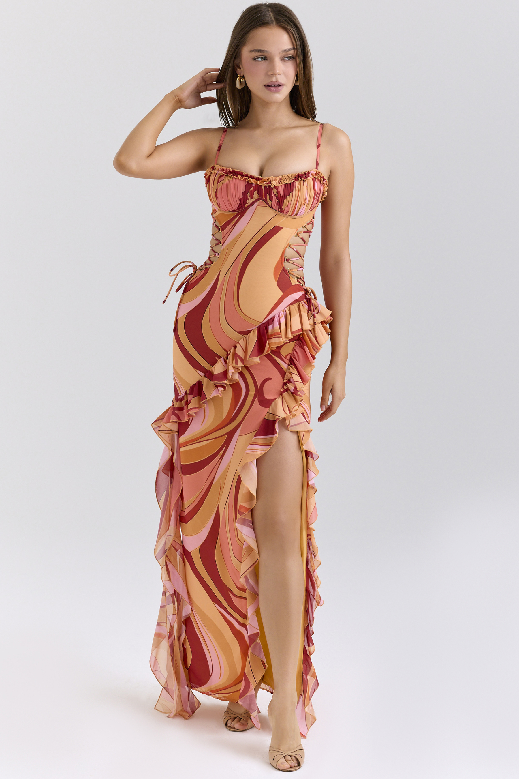 Abstract Print Tie-Up Ruffle Maxi Dress