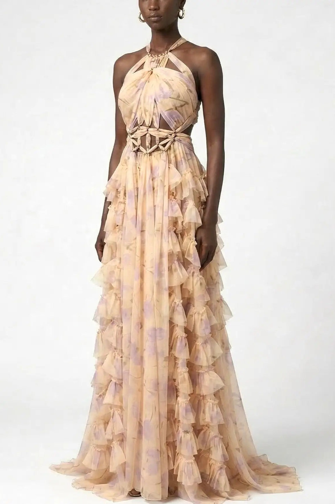 Floral Halter Neck Ruffle Maxi Dress