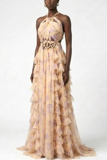 Floral Halter Neck Ruffle Maxi Dress