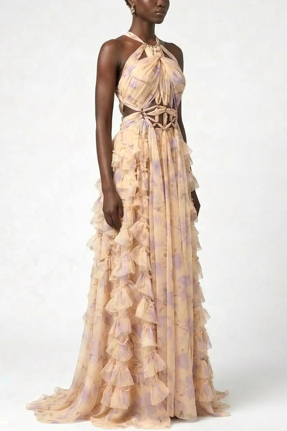 Floral Halter Neck Ruffle Maxi Dress