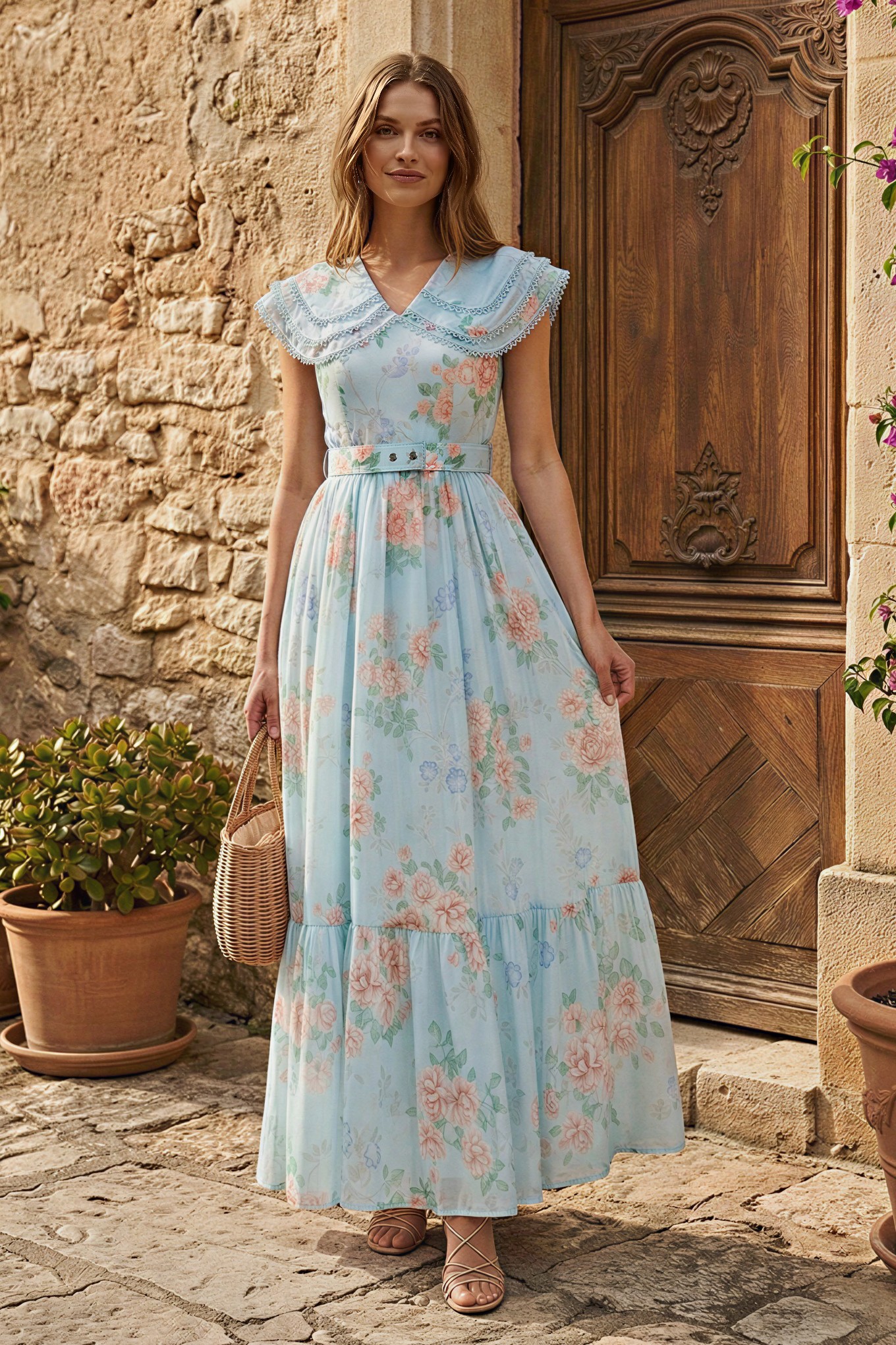 Floral Lace Maxi Dress With Belt