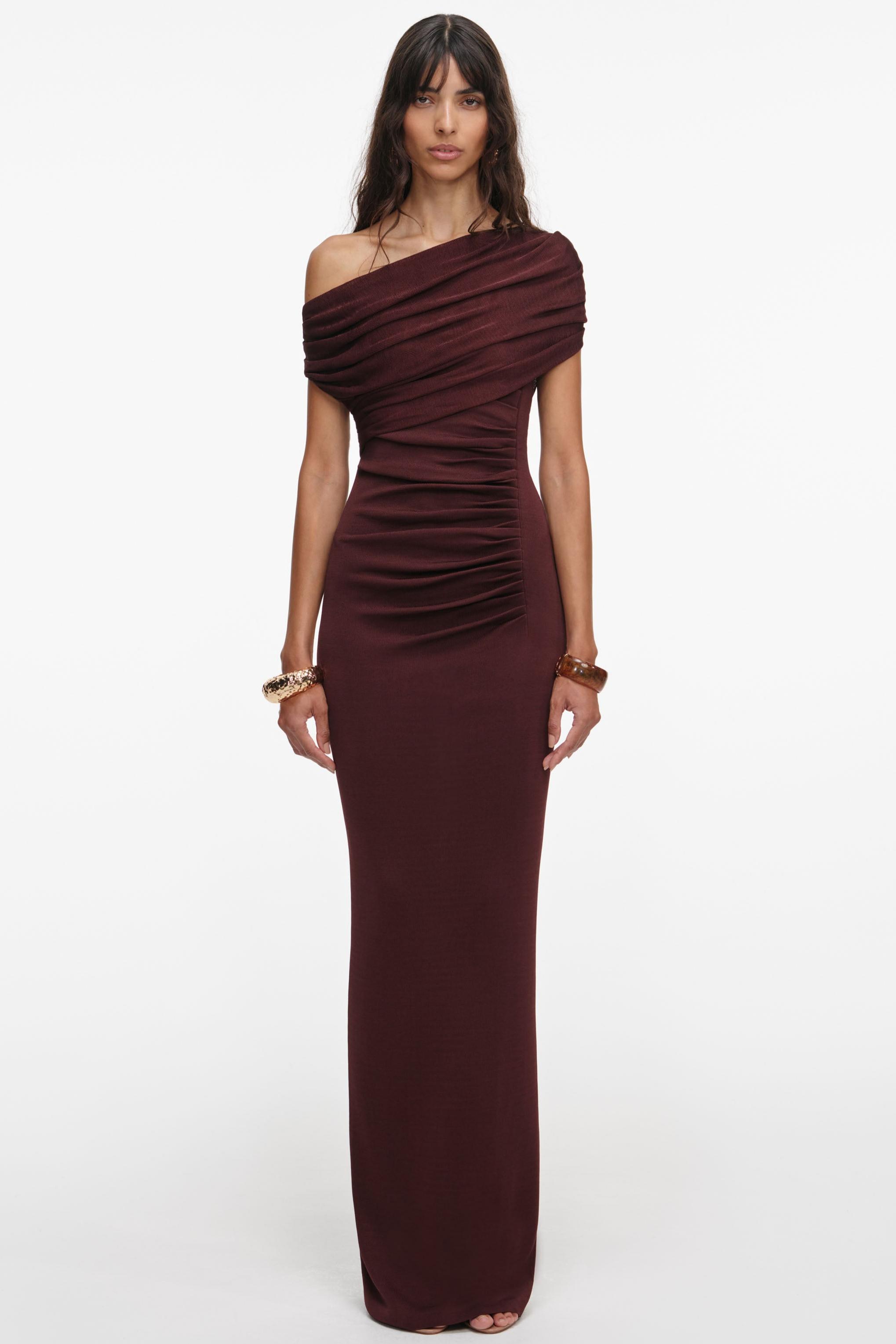 Jersey Off-Shoulder Gathering Maxi Dress