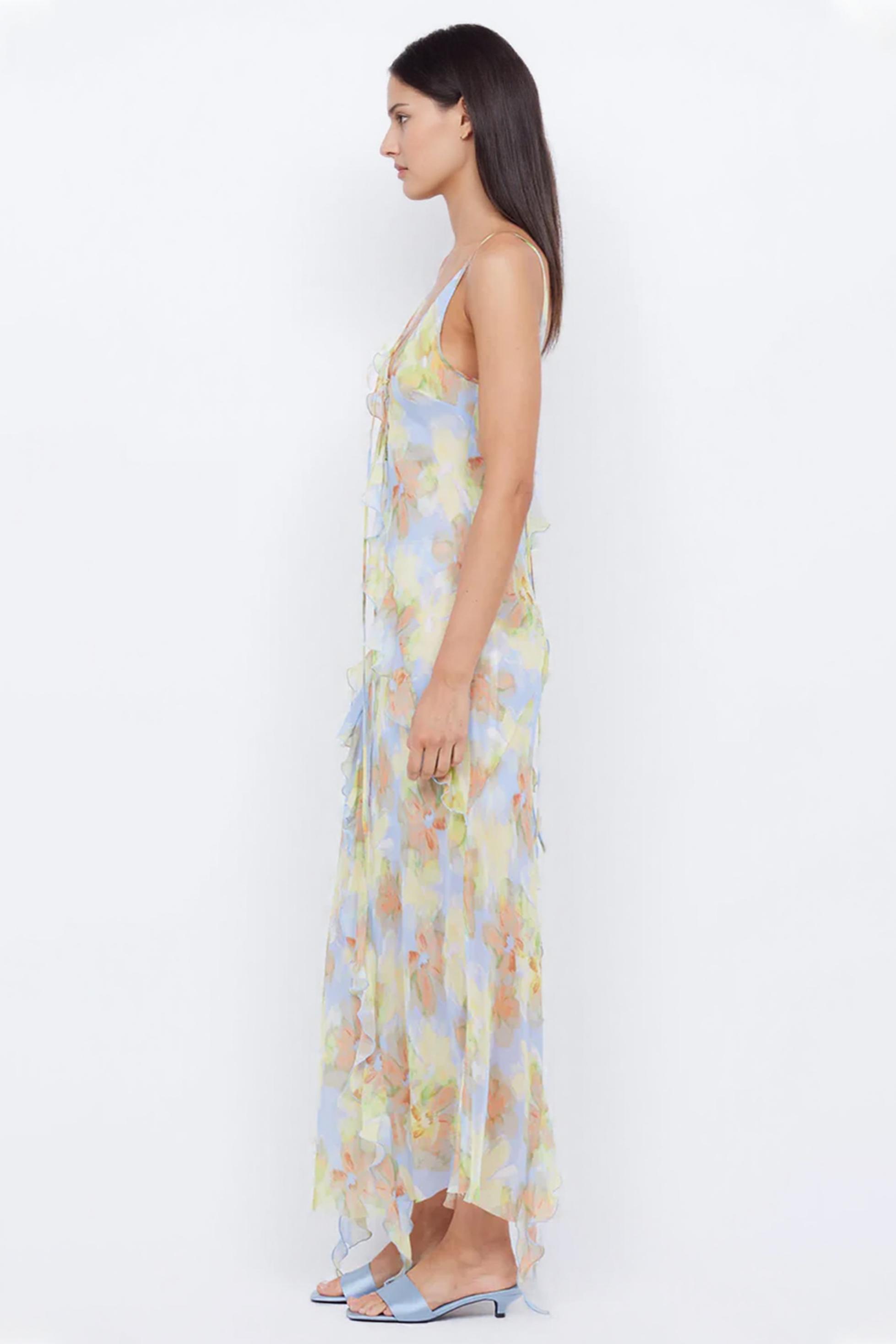 Tie Dye Ruffle Tie-Up Midi Dress