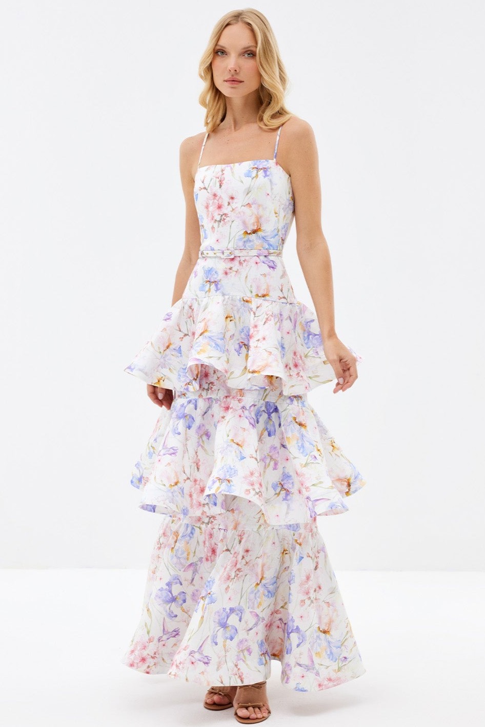 Floral Slip Ruffle Maxi Dress With Belt