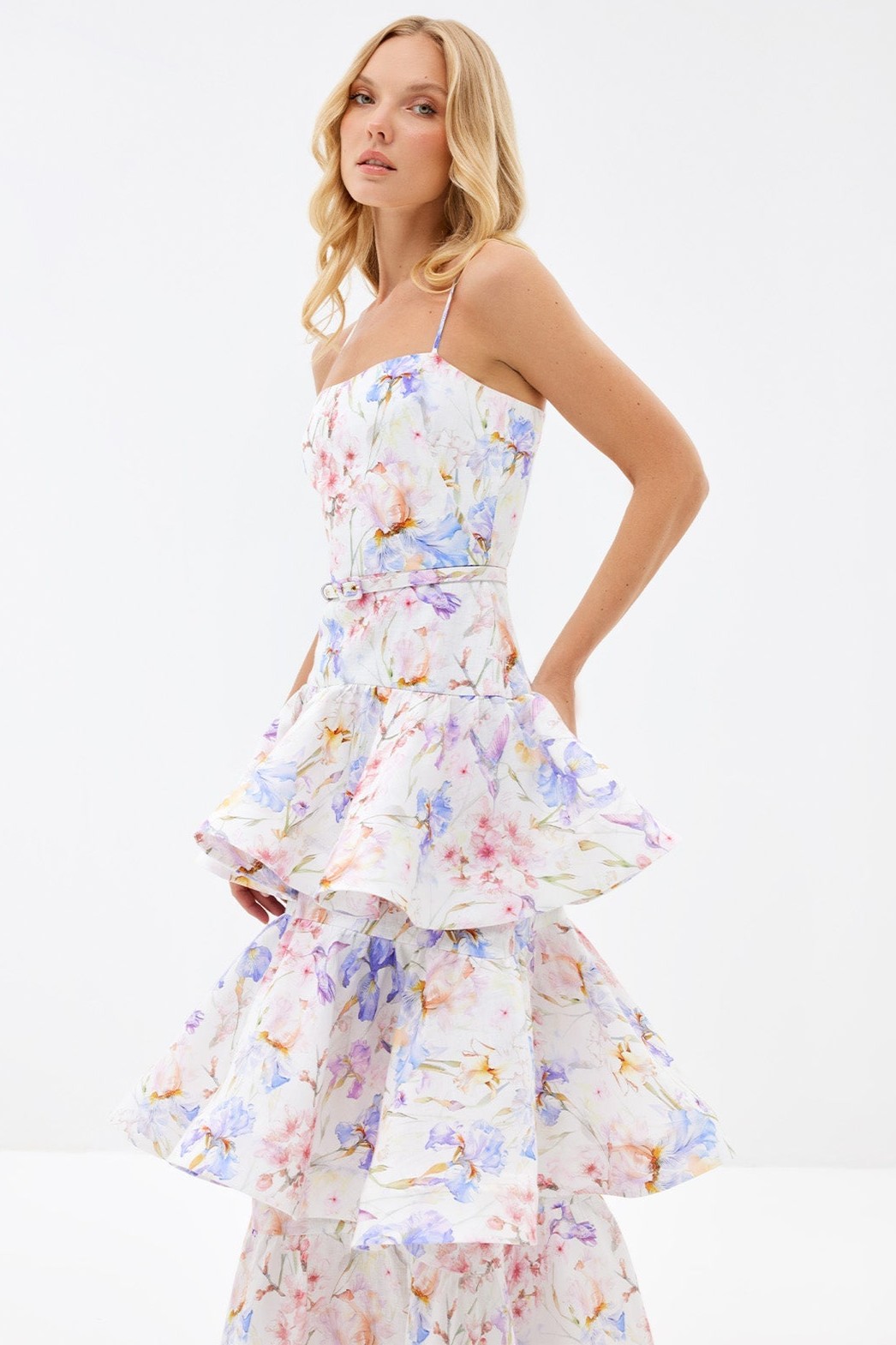 Floral Slip Ruffle Maxi Dress With Belt