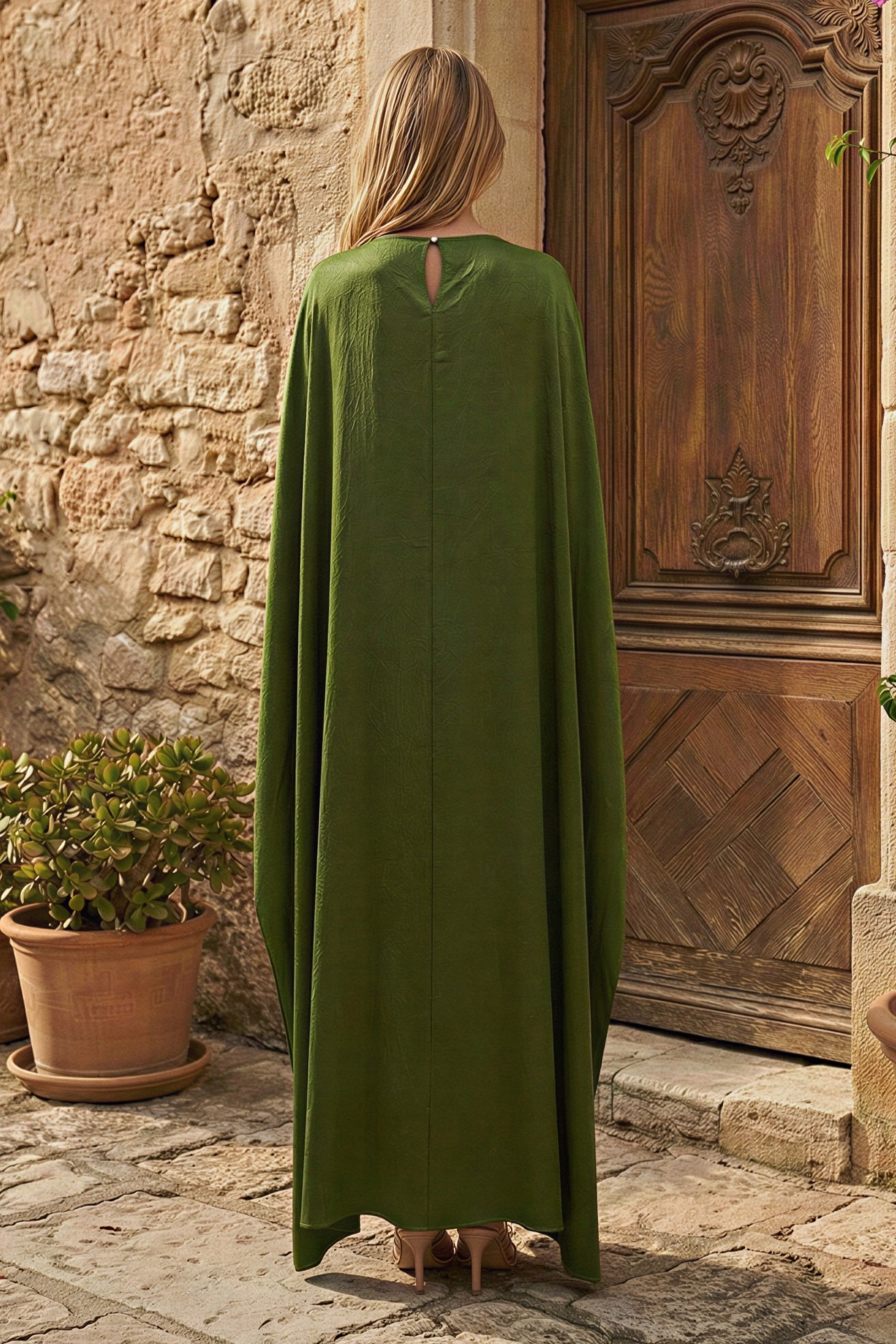 Solid Satin Cape Sleeve Maxi Dress