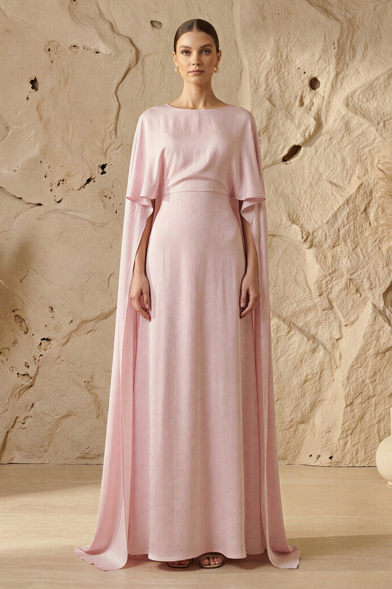 Solid Satin Cape Sleeve Maxi Dress