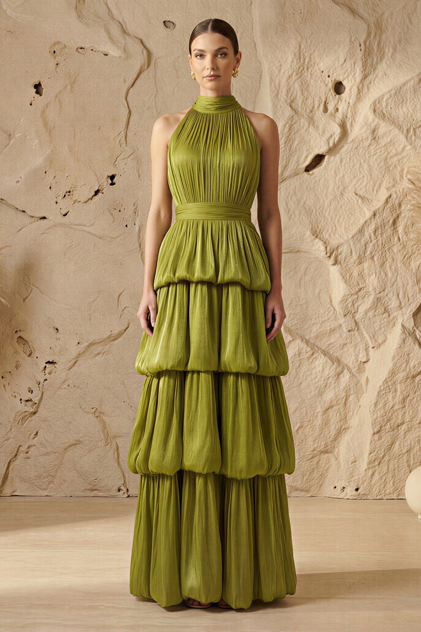 Solid Halter Neck Gathering Maxi Dress