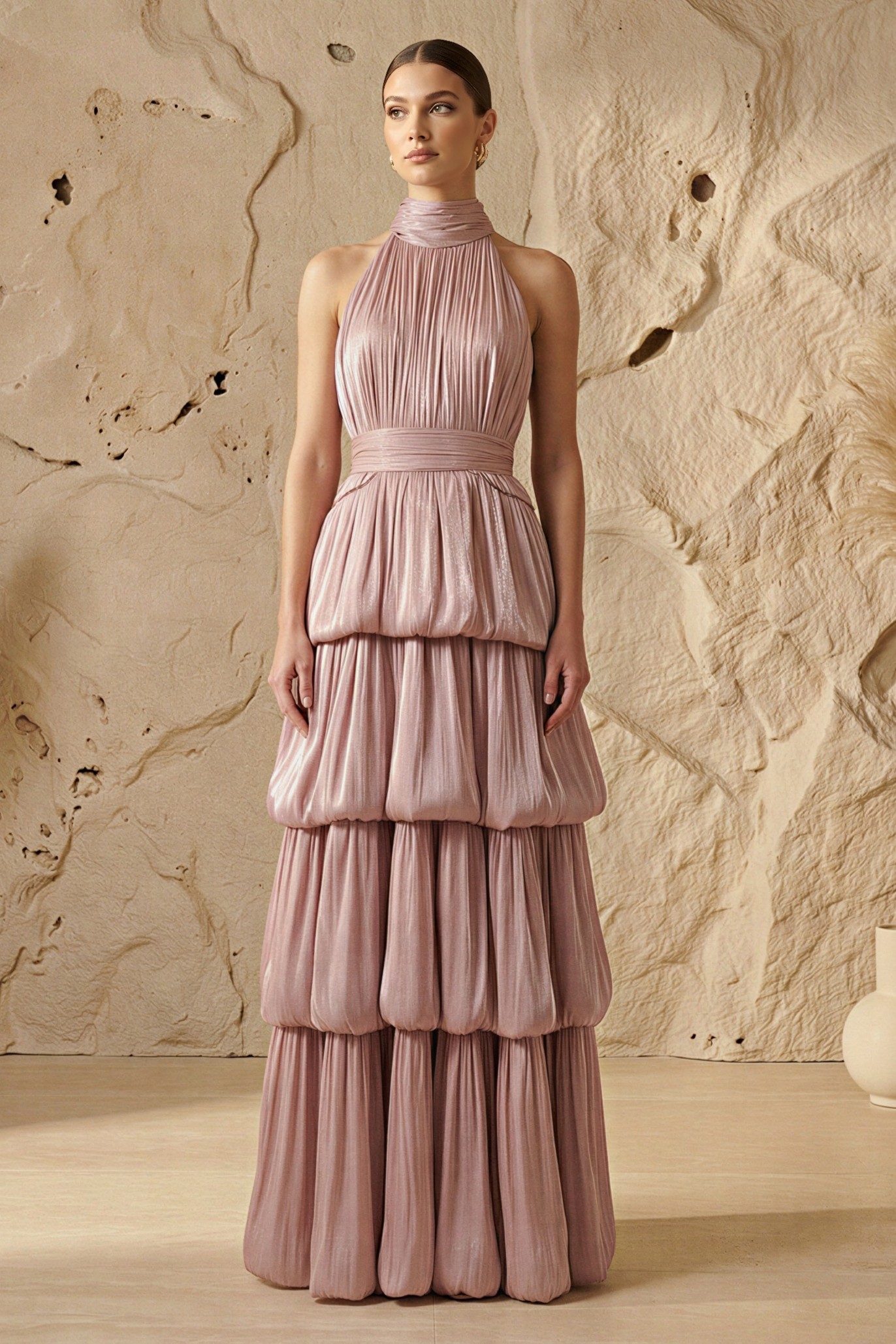 Solid Halter Neck Gathering Maxi Dress