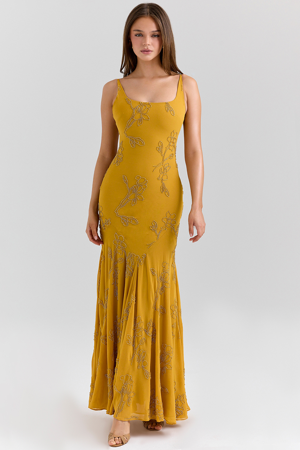 Sequin Embroidered Square Collar Slip Maxi Dress