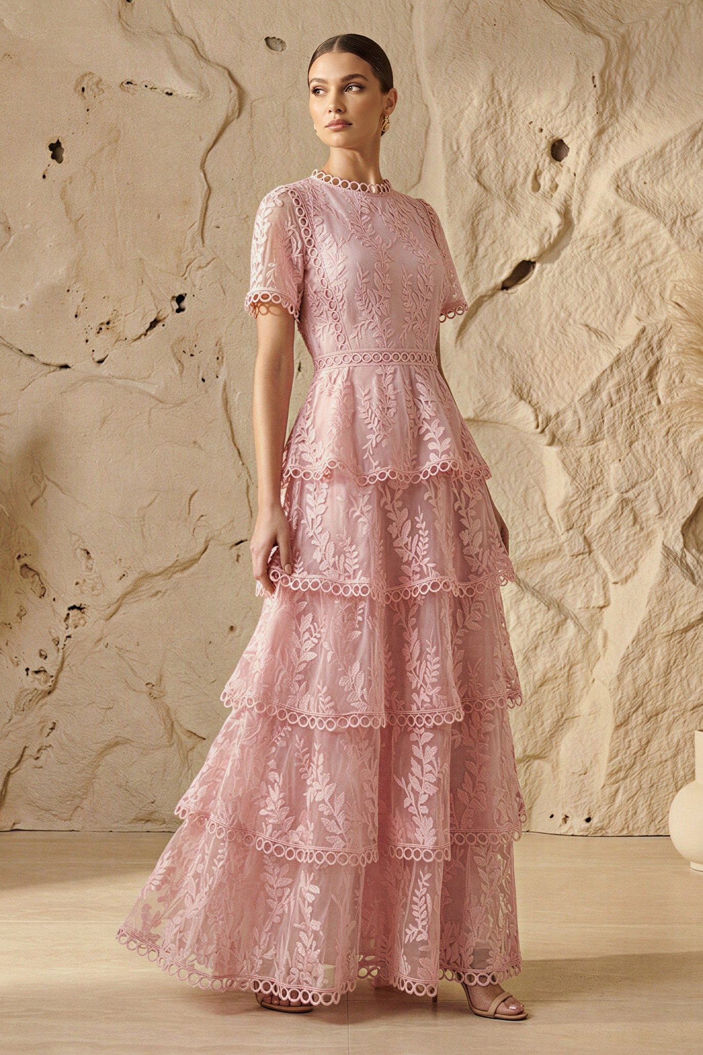 Embroidered Lace Ruffle Maxi Dress