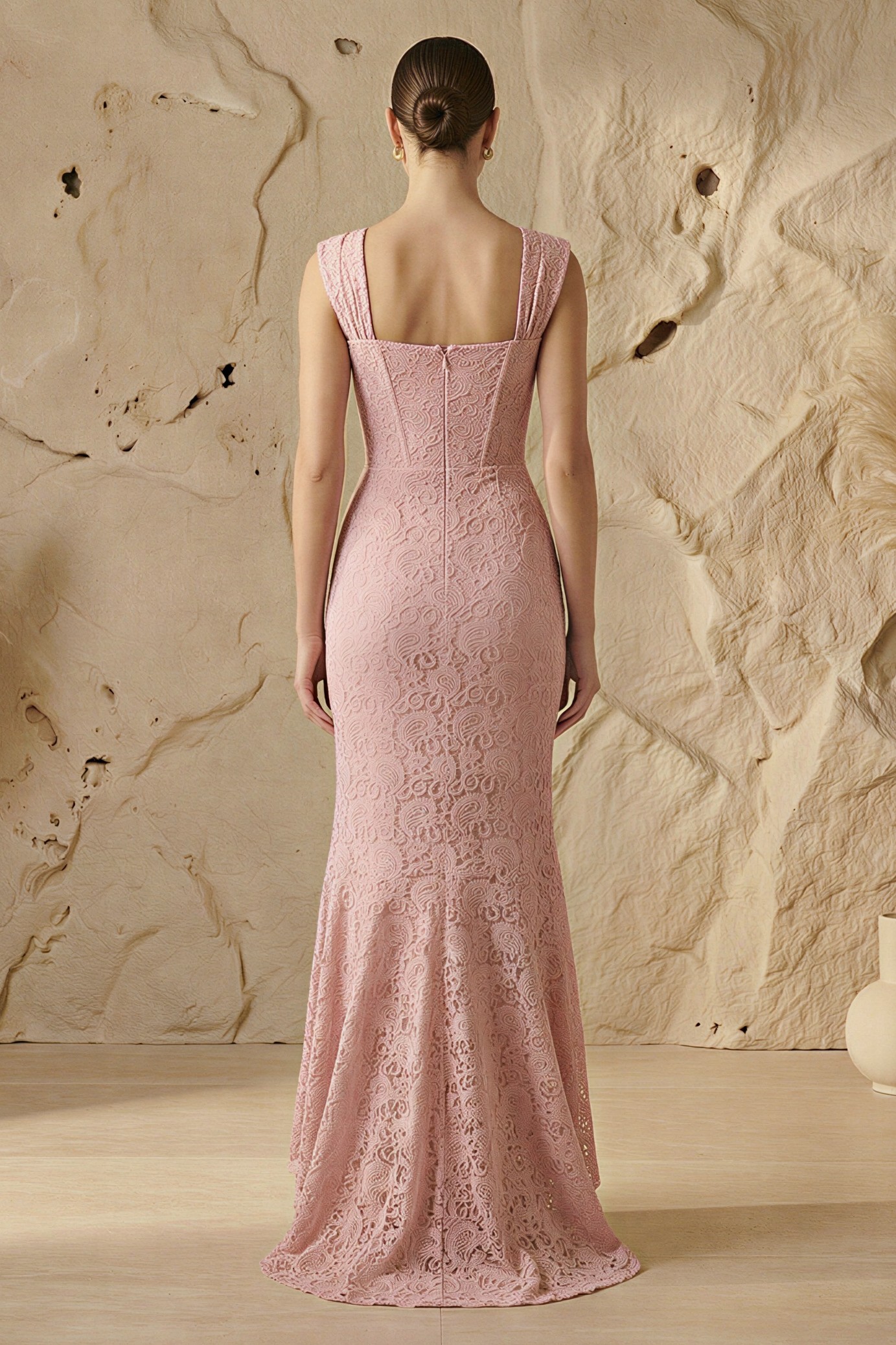 Solid Lace Gathering Midi Dress