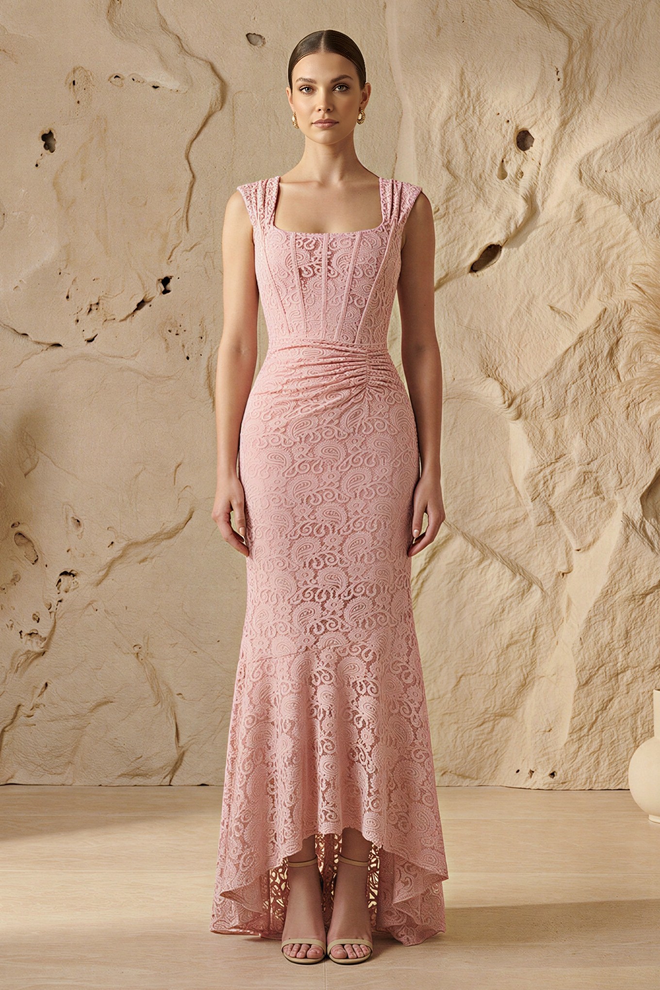 Solid Lace Gathering Midi Dress