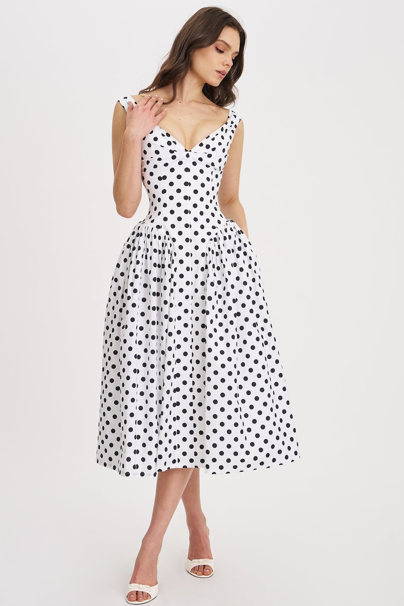 Polka Dot Gathering Midi Dress